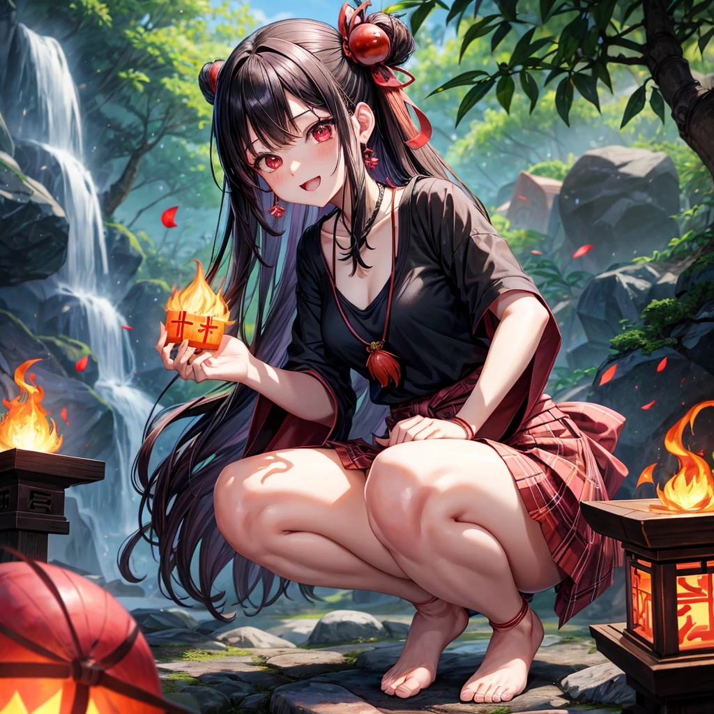 Pink-black hair、red eyes、one good looking girl、solo、anime、plaid mini skirt、black camisole、black t-shirt、kimono、wearing a ribbon、ribbon at waist、stone slabs are piled up、crystal earrings、jewelry necklace、Light and shadow、clock、universe、vine plant、petal、tilting one&#39;s face、teeth are visible、fire spirit、book of magic、Cube、bamboo forest、lava、Plum blossom、squatting down、Have a kokeshi