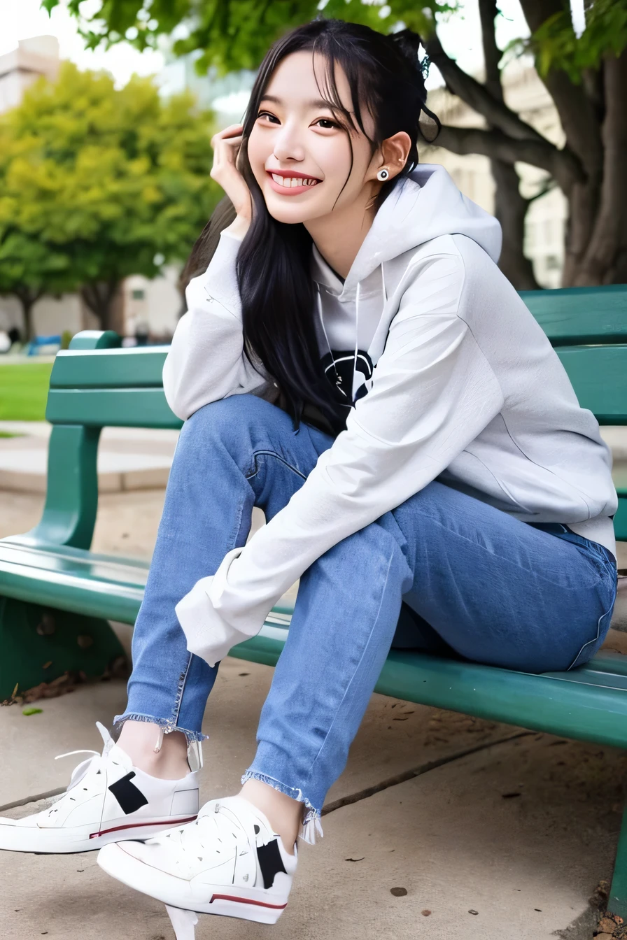 ((highest quality)), A neat and beautiful woman sitting on a park bench、hoodie、skinny denim、sneakers、black hair、ear piercing、smile、smile showing teeth、full body photo
