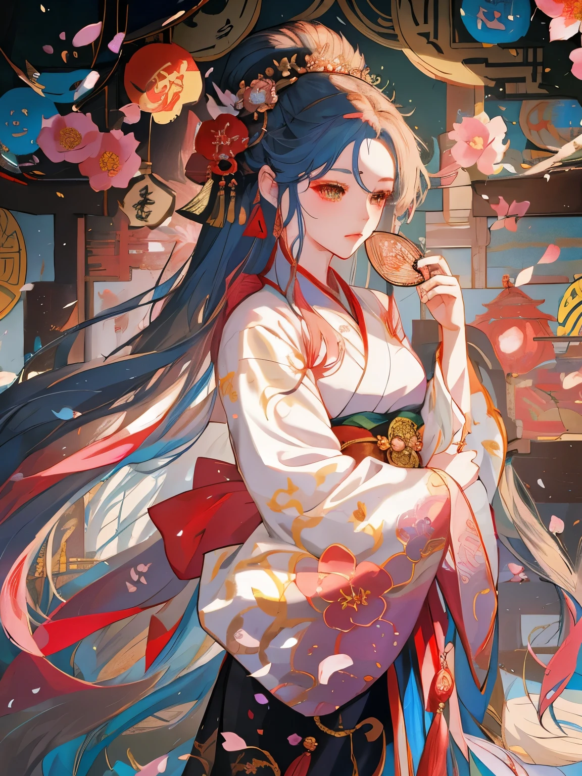 Anime girl with flowers and fan in her hair, beautiful fantasy queen, ((beautiful fantasy queen)), Inspired by Lan Ying, japanese goddess, palace , A girl wearing Hanfu, guweiz style artwork, guweiz, Inspired by Qiu Ying, Queen of China, Hungry Ghost Festival, beautiful figure painting
