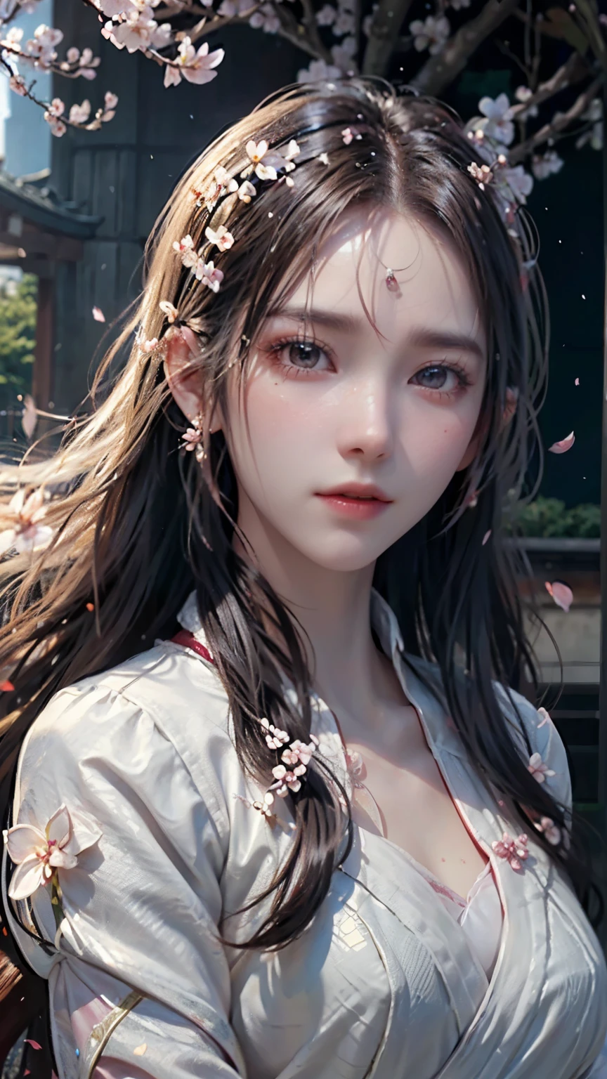 (Logo, Masterpiece, 8k, Tabletop, RAW Photo, Amazing, Top Quality, Photorealistic and Highly Detailed CG Integrated 8k Wallpaper, High Quality, Highly Detailed, Narrative Poetry, Particle Effects, Dynamic Effects, Character Boundary Depth, Cinematic lights, lens flares, ray tracing), fantasy, (single beautiful woman, white kimono, Japanese clothing, white cherry blossom pattern, white cherry blossom embroidery pattern, black hair, beautiful face, real face, beautiful eyes in detail, beautiful skin, long hair) Hair fluttering in the wind, long hair bouncing, long hair dancing in the wind), (cherry blossoms, cherry tree, cherry blossom petals dancing, cherry blossom blizzard, falling petals), hair fluttering in the wind, hair bouncing, pink cherry blossoms, Dancing petals, cherry blossom snowstorm, wonderful scenery, sunrise, background sun, wind, gods, teeth, stories of gods, vast land