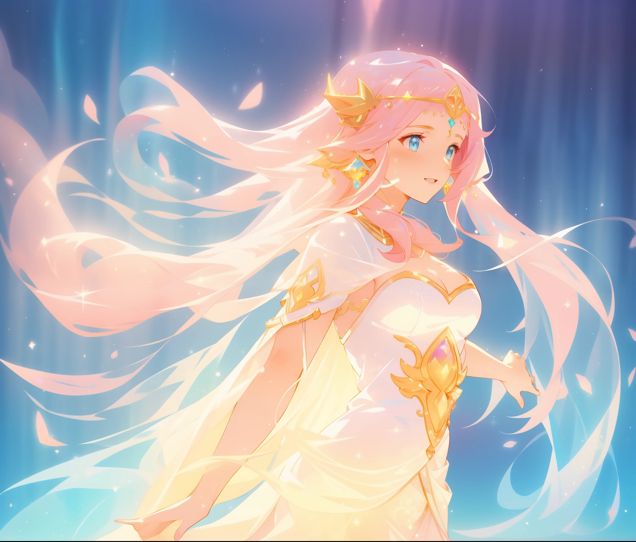 beautiful girl in white arabian two-piece dress, (arabian princess), (arabian dancer), (fantasy arabian dress), long colorful sparkling pink hair, watercolor illustration, Lois van Baarle, glowing aura around her, Glen Keane, jen bartel, glowing hair, beautiful digital illustration, fantasia background, beautiful, masterpiece, best quality, anime disney style, (detailed eyes), golden ratio, perfect composition