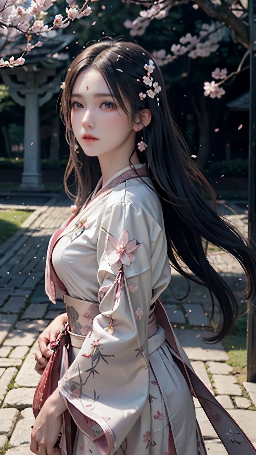(Logo, Masterpiece, 8k, Tabletop, RAW Photo, Amazing, Top Quality, Photorealistic and Highly Detailed CG Integrated 8k Wallpaper, High Quality, Highly Detailed, Narrative Poetry, Particle Effects, Dynamic Effects, Character Boundary Depth, Cinematic lights, lens flares, ray tracing), fantasy, (single beautiful woman, white kimono, Japanese clothing, white cherry blossom pattern, white cherry blossom embroidery pattern, black hair, beautiful face, real face, beautiful eyes in detail, beautiful skin, long hair) Hair fluttering in the wind, long hair bouncing, long hair dancing in the wind), (cherry blossoms, cherry tree, cherry blossom petals dancing, cherry blossom blizzard, falling petals), hair fluttering in the wind, hair bouncing, pink cherry blossoms, Dancing petals, cherry blossom snowstorm, wonderful scenery, sunrise, background sun, wind, gods, teeth, stories of gods, vast land