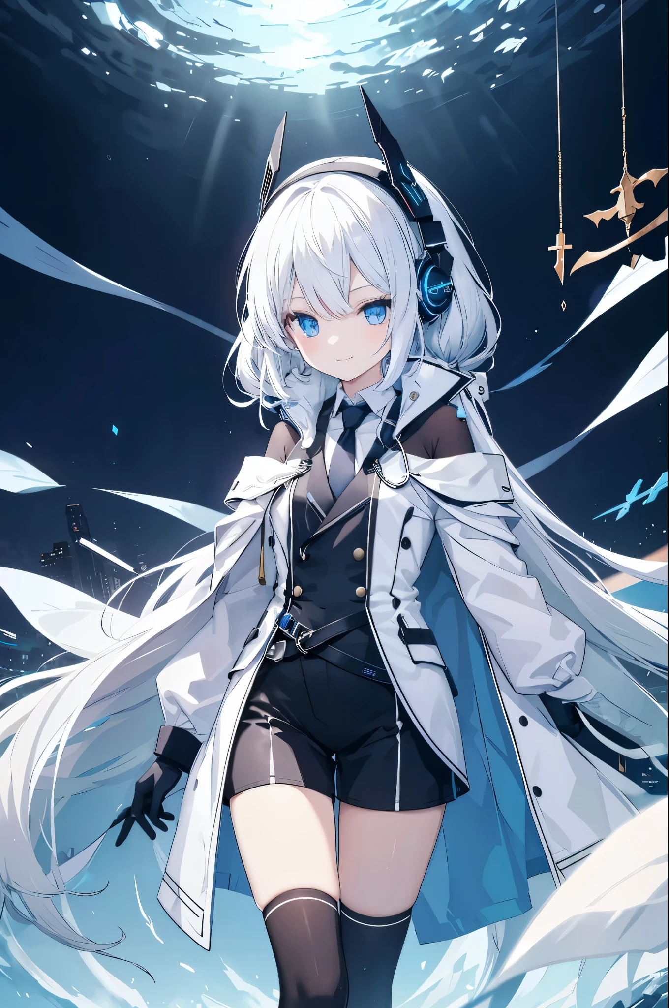 White trench coat,black shorts,White extra long straight hair,blue tie,Wear black gloves,White extra long straight hair,female face,blue eyes,confident smile