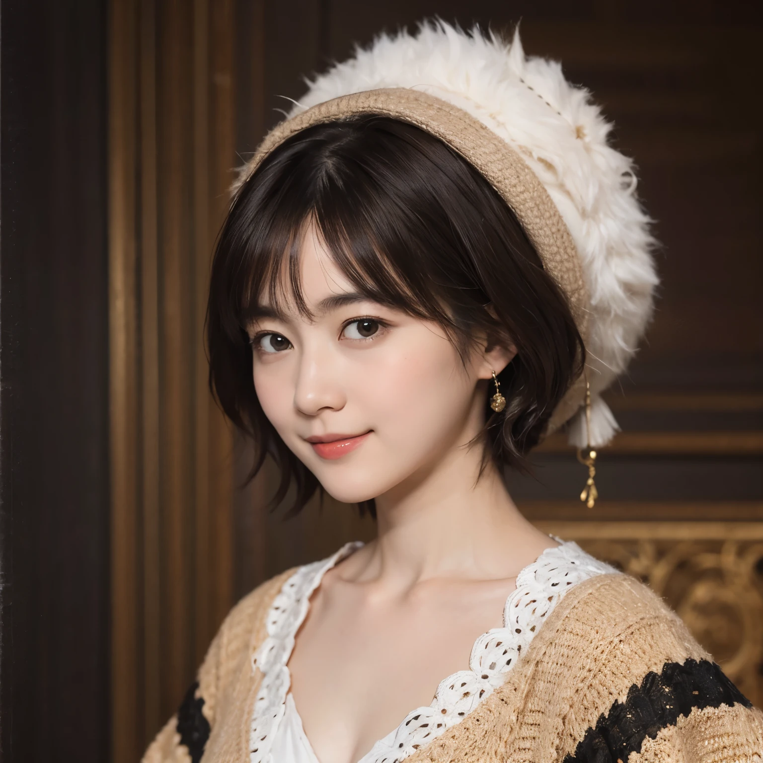 185 short hair, 20 year old female, gentle smile, (rembrandt style painting), (chest:1.46), long skirt
