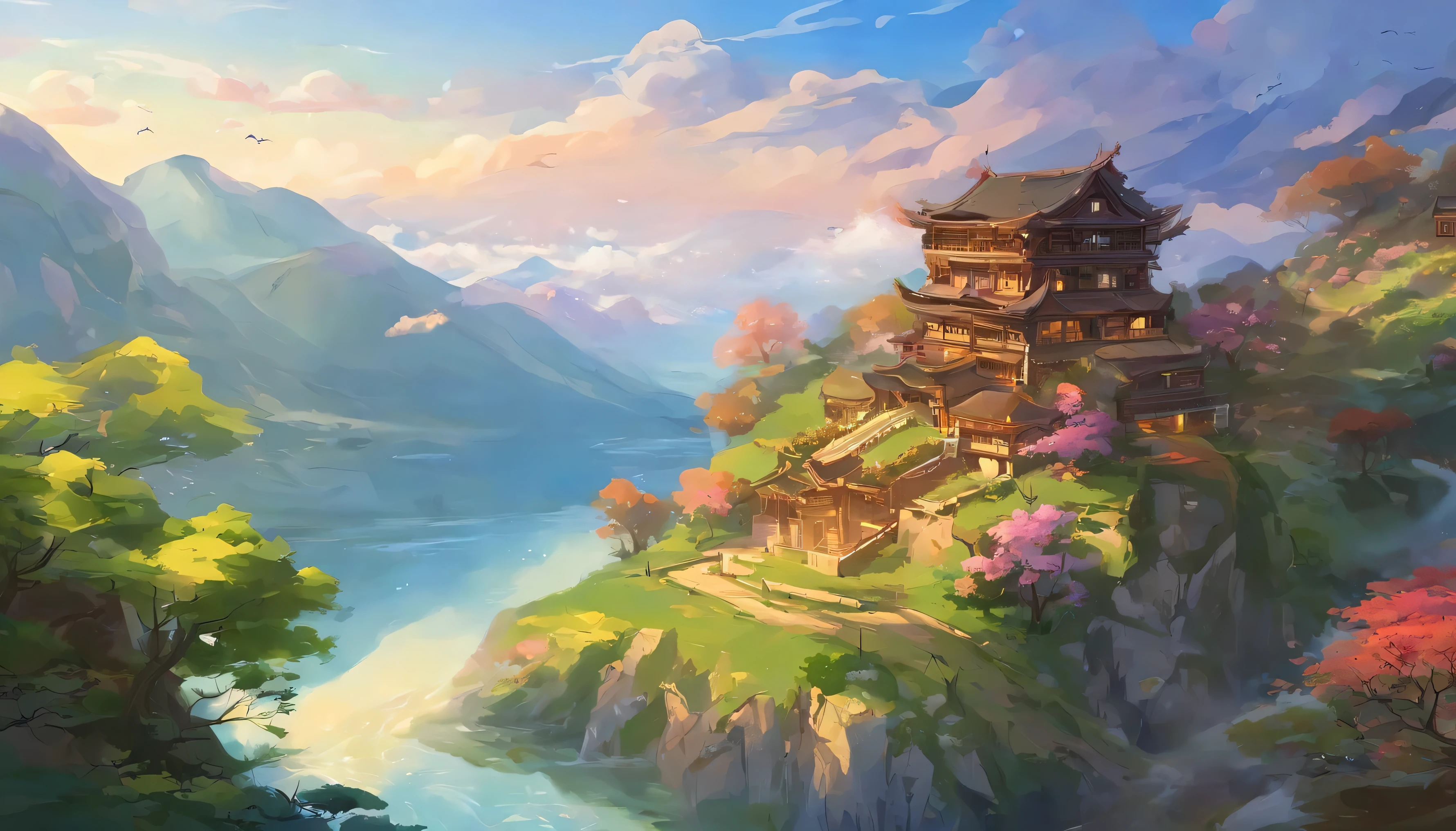 Anime style house on the mountain,A lake and a mountain in the background, Animation pastoral scenery, anime scenery concept art, anime scenery, anime background art, ( ( Xin Haicheng ) ), In animation artist studio, Xin Haicheng. —h 2160, beautiful anime scenery, anime scenery, beautiful anime scene, style of Xin Haicheng
