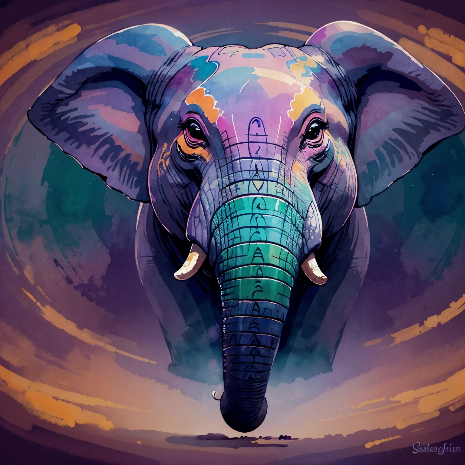 1 elephant with thick marked contour animated style with orange eyes looking at the viewer behind the elephant flashes in watercolor purple green blue and magenta colors with lines and circles that decorate the background