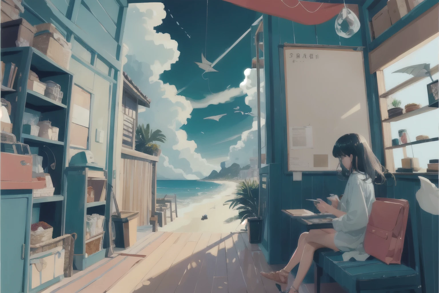 ((1 girl)), Cat,
surreal, coffee shop, fantasy, dream-like, Ocean, Oceangull, flying dragon, flying kite, summer、