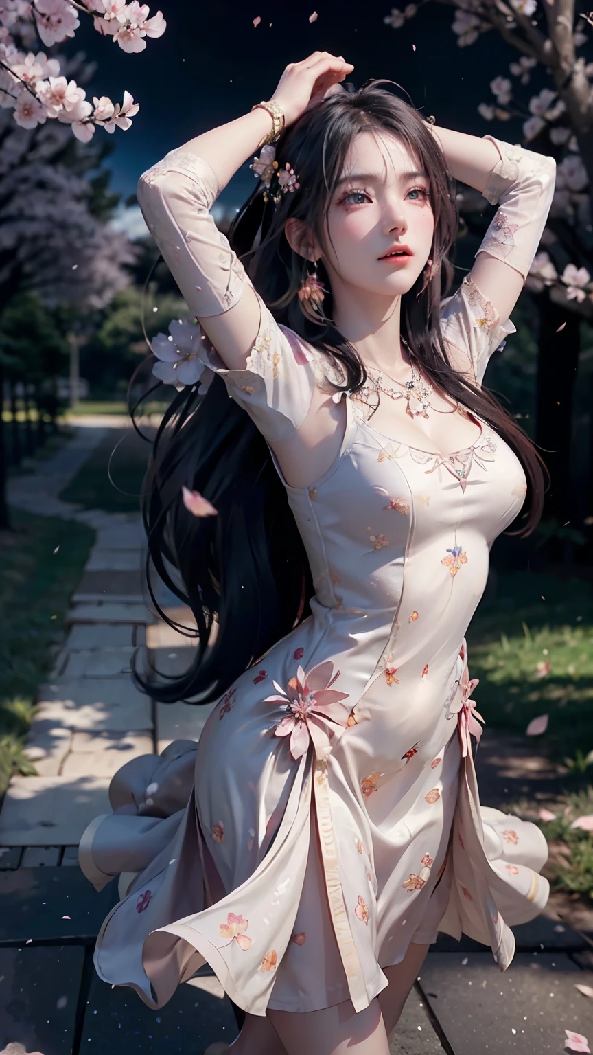 (Logo, Masterpiece, 8k, Tabletop, RAW Photo, Amazing, Top Quality, Photorealistic and Highly Detailed CG Integrated 8k Wallpaper, High Quality, Highly Detailed, Narrative Poetry, Particle Effects, Dynamic Effects, Character Boundary Depth, (cinematic lights, lens flares, ray tracing), fantasy, (single beautiful woman, dress, one piece, black hair, beautiful face, real face, beautiful eyes in detail, beautiful skin, long hair fluttering in the wind, long hair bouncing , long hair dancing in the wind), (cherry blossoms, cherry tree, cherry blossom petals dancing, cherry blossom blizzard, falling petals), wind blowing hair, hair flying, pink cherry blossoms, petals dancing, cherry blossom blizzard, wonderful scenery, sunrise , background sun, wind, gods, teeth, divine story, vast land