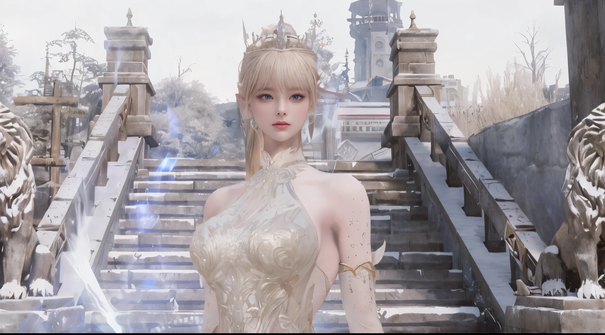 il y a une femme en robe debout sur un escalier, une belle impératrice fantastique, lineage revolution style 2, ((une belle impératrice fantastique)), Reine de l&#39;hiver, princesse blonde aux cheveux, from lineage 2, extremely detailed goddess shot, beautiful and elegant elf queen, goddess. Extremely high detail, Elegant dark-skinned lady&#39;alabaster, princesse d&#39;hiver