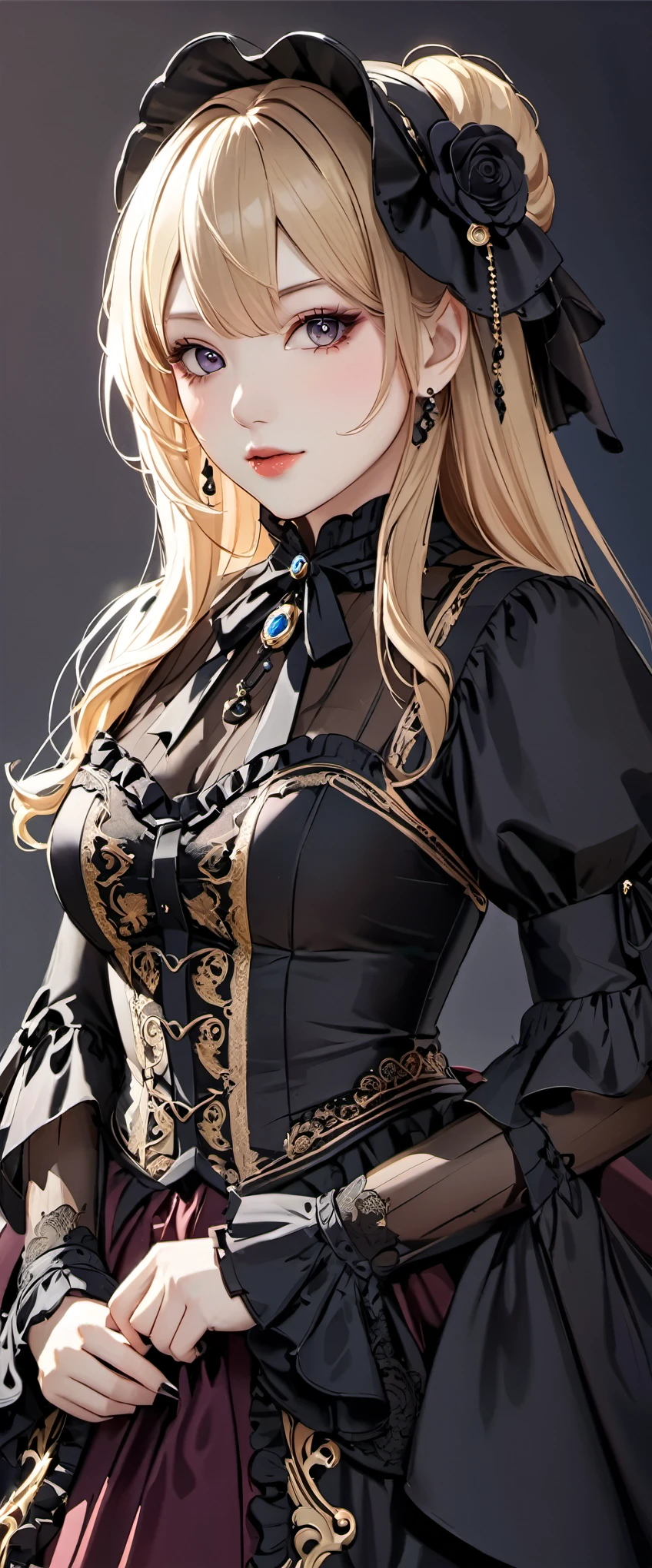 woman wearing dress and boots , baroque dress, wearing a detailed steampunk dress, elegant gothic princess, victorian gothic lolita fashion, historical baroque dress dark, black gothic lolita dress, fantasy style clothing, rococo dress, black rococo,  fantasy costume, wearing a gothic dress, romantic dress, gothic dress,blonde,,(((upper body portrait)))