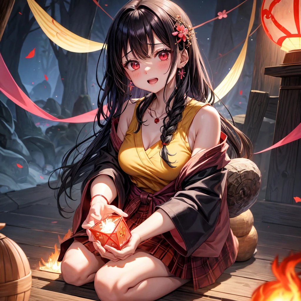 Pink-black hair、red eyes、one good looking girl、solo、anime、plaid mini skirt、black camisole、black t-shirt、kimono、wearing a ribbon、ribbon at waist、stone slabs are piled up、crystal earrings、jewelry necklace、Light and shadow、clock、universe、vine plant、petal、tilting one&#39;s face、teeth are visible、fire spirit、book of magic、Cube、bamboo forest、lava、Plum blossom、squatting down、Have a kokeshi