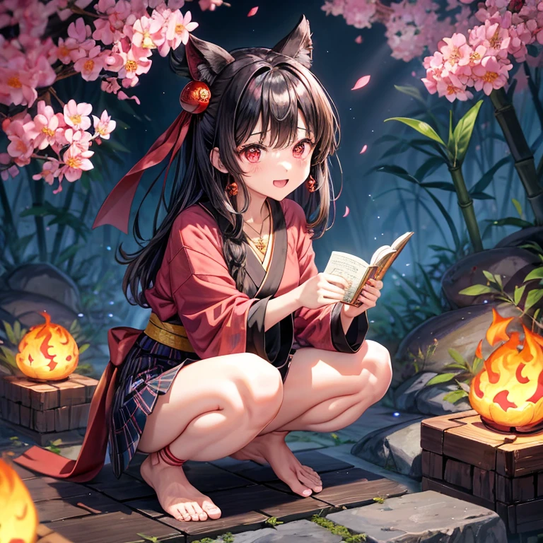 Pink-black hair、red eyes、one good looking girl、solo、anime、plaid mini skirt、black camisole、black t-shirt、kimono、wearing a ribbon、ribbon at waist、stone slabs are piled up、crystal earrings、jewelry necklace、Light and shadow、clock、universe、vine plant、petal、tilting one's face、teeth are visible、fire spirit、book of magic、Cube、bamboo forest、lava、Plum blossom、squatting down、Have a kokeshi