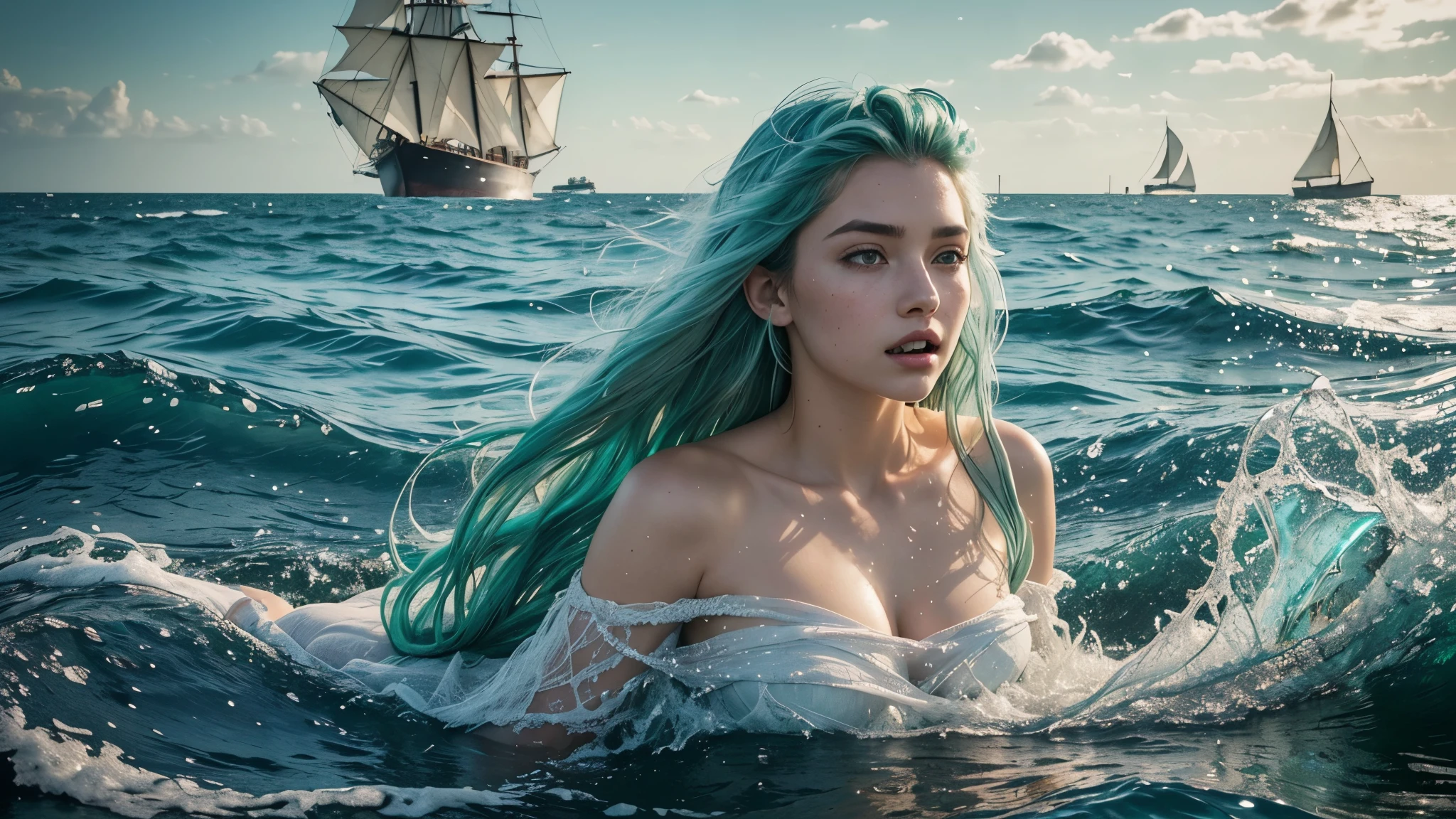 (best quality,ultra-detailed,realistic),portraits,medium:oil painting,(HDR,studio lighting),vivid colors,sharp focus,physically-based rendering,(A lovely siren),beautiful detailed eyes,beautiful detailed lips,extremely detailed eyes and face,long eyelashes,(light green skin),(aquamarine eyes),blue-green color tones on the face,(coke bottle figure),(blessed proportions),(sea foam green hair ankle length),flowing hair,(dressed in tatters, holding a lantern that shines unnaturally bright and swirls with evil energy),tattered clothing flowing in the wind,(age 20),serene expression,graceful pose,emerging from the ocean,sparkling water droplets on skin and hair,faint shimmering scales on the legs,gentle waves in the background,strands of seaweed entwined in the hair, she is singing standing atop the head of a (subject:2 horrible giant monster (many eyes, many tentacles, huge maw full of jagged teeth)), (subject 3: A sailing ship in the distance approaches the siren and its doom), it is a pitch black night with light rain and just a little lightning
