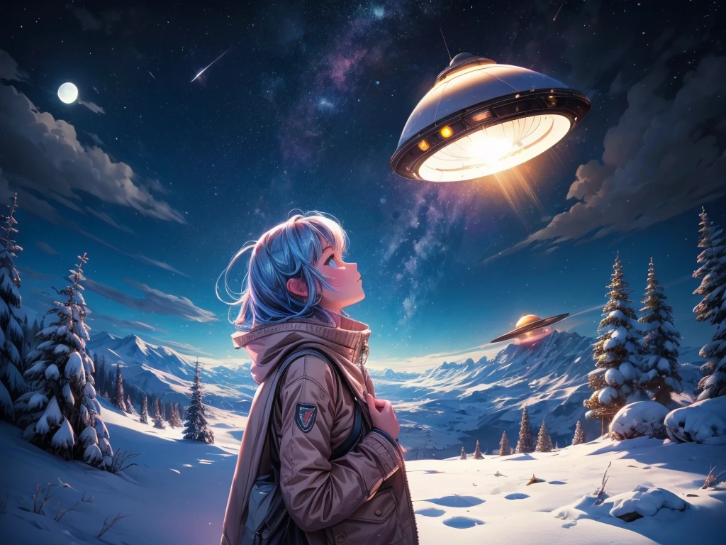 A girl looking up at a UFO, which emits a mysterious seven-colored light, snowy landscape, moon