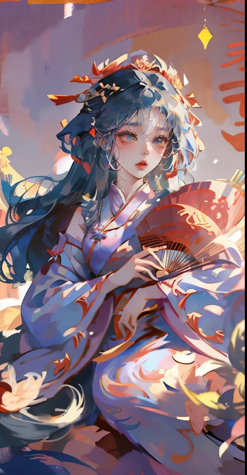 Anime girl with flowers and fan in her hair, beautiful fantasy queen, ((beautiful fantasy queen)), Inspired by Lan Ying, japanese goddess, palace , A girl wearing Hanfu, guweiz style artwork, guweiz, Inspired by Qiu Ying, Queen of China, Hungry Ghost Festival, beautiful figure painting