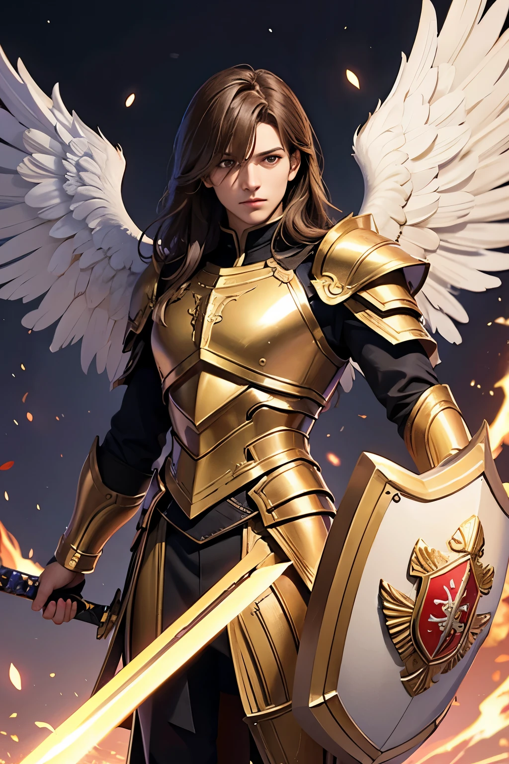 archangel michael、male、Angel big wings、Brown shoulder-length hair、Toplesuscle、armor、has a sword and shield、good looking