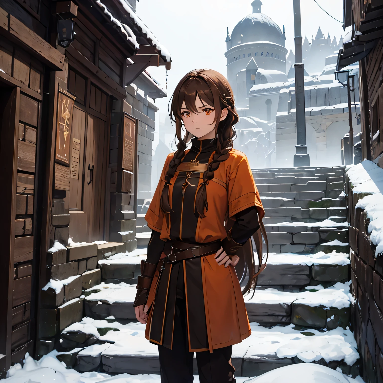 close, fantasy world, City of Stones, stone stairs, snow, adult woman, dirty, guard, long brown hair, Braid with brown hair, orange eyes, tired look, frown, medieval clothing, Brown tunic, black pants