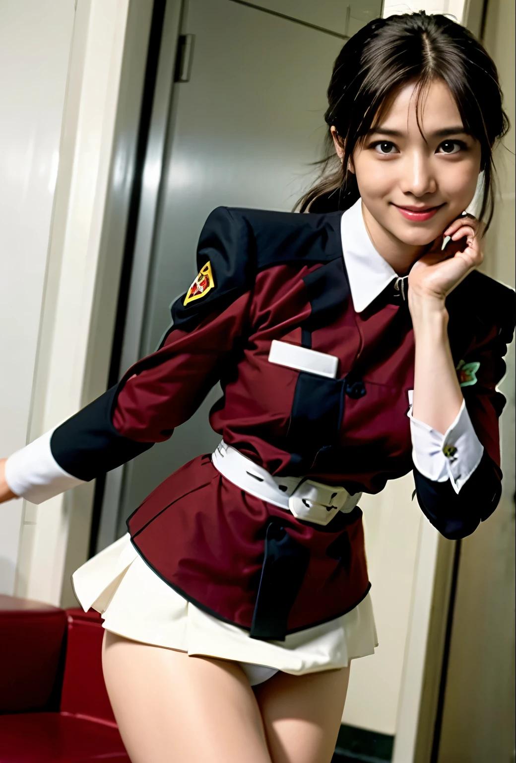 real photos、best image quality、real image、best smile、federal army uniform miniskirt、Yuko Sugai、japanese woman, 、ponytail、Satomi Ishihara、pretty girl、white pantiesが丸見え、(white panties:1.3)、super mini skirt、beautiful thighs、white panties、ミニスカートがめくれてwhite pantiesが見えてる