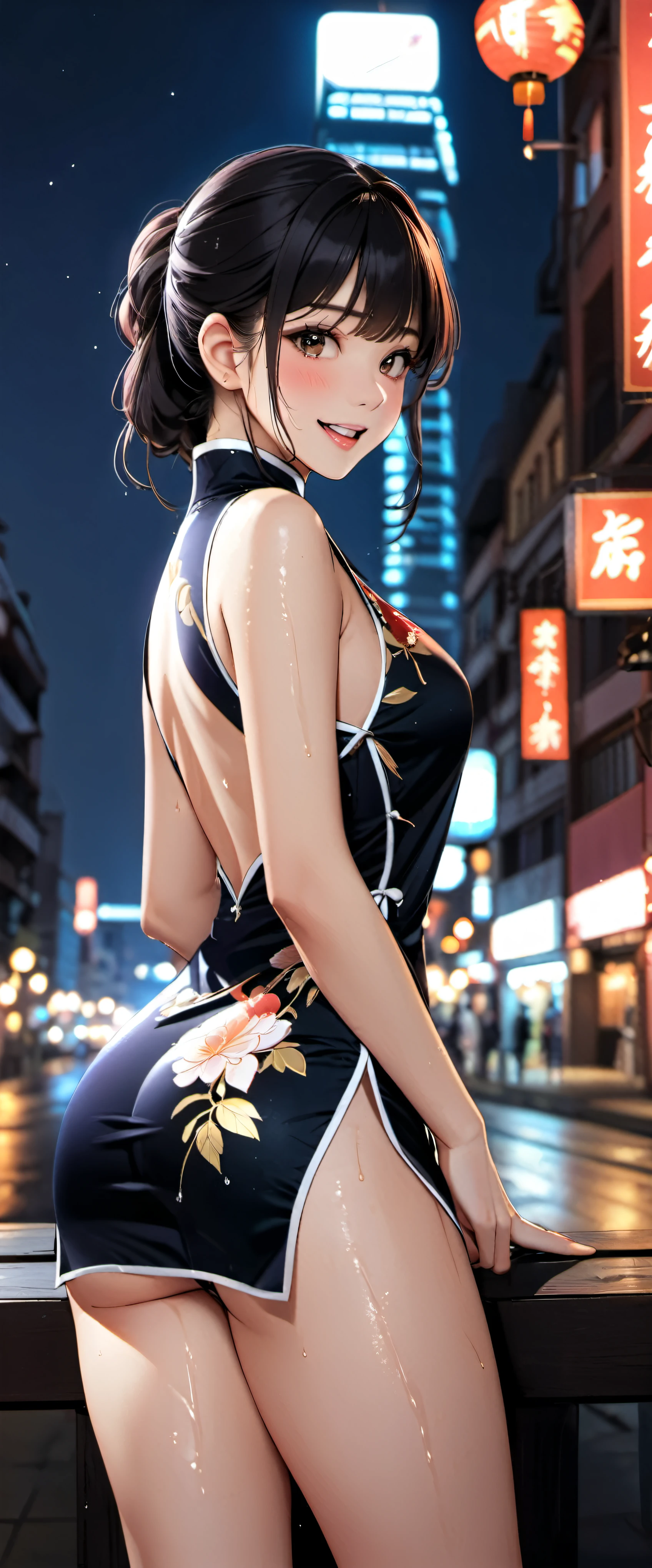 woman,20-year-old,,city,night,(((China dress))),,open mouth smile(),(()),((black hair)),blush、,((())),((look back))(wet with sweat)Reflecting the buttocks