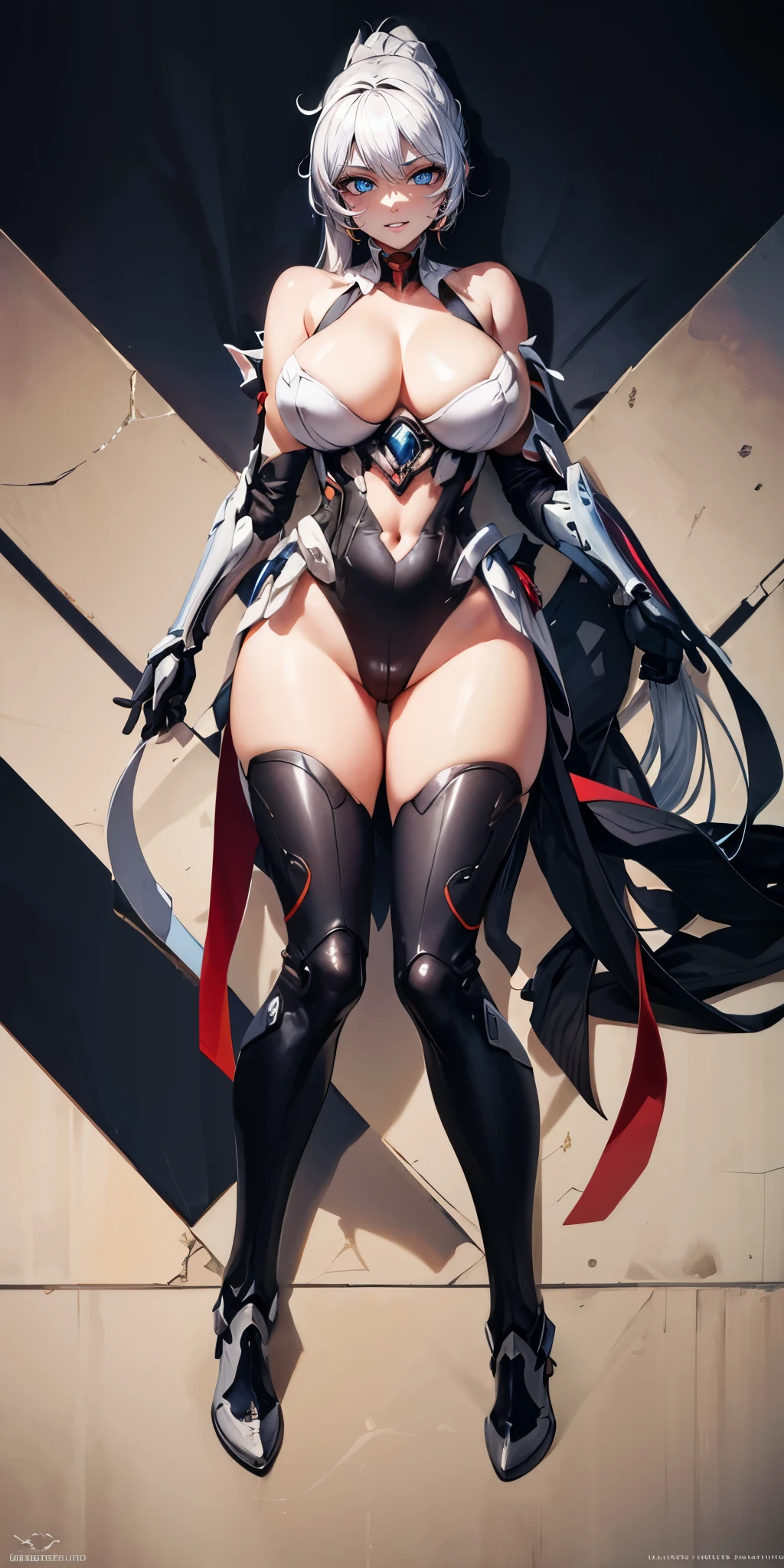 hof, long hair, silver hair, ponytail, curvy, huge breasts, anatomically correct, (shaded face:1.2), hollow eyes, blue eyes, looking at viewer, heavy breathing, smirk, upper teeth, lips, breasts, 1girl, gauntlets, large_breasts, thighhighs, solo, cleavage, leotard, bare_shoulders, highleg, gloves, armor, looking_at_viewer, shiny, covered_navel, "glow effects, godrays, Hand drawn, render, 8k, octane render, cinema 4d, blender, dark, atmospheric 4k ultra detailed, cinematic, Sharp focus, big depth of field, Masterpiece, colors, 3d octane render, 4k, concept art, trending on artstation, hyperrealistic, Vivid colors, extremely detailed CG unity 8k wallpaper, trending on CGSociety, Intricate, High Detail, dramatic"