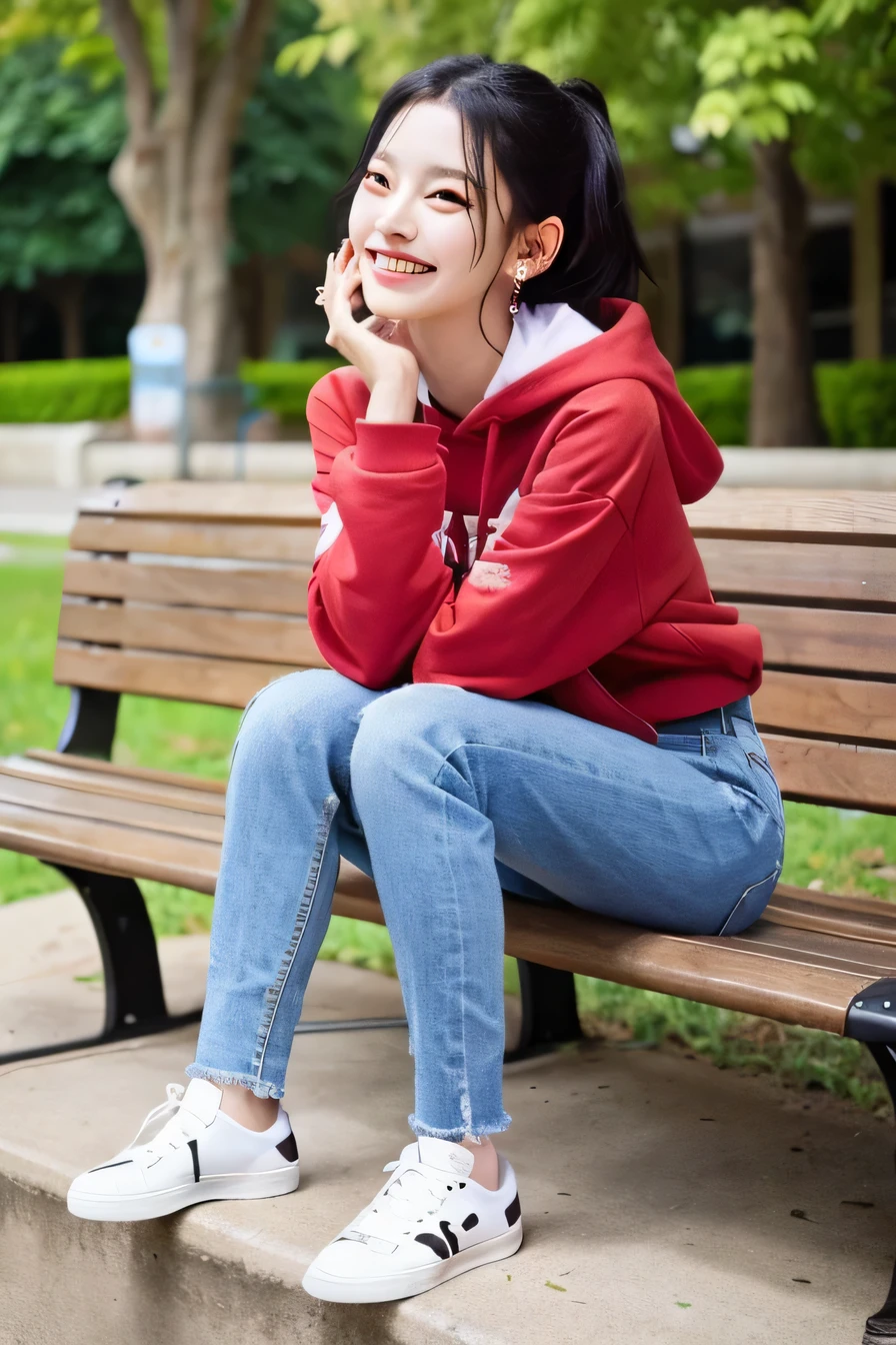 ((highest quality)), A neat and beautiful woman sitting on a park bench、hoodie、skinny denim、sneakers、black hair、ear piercing、smile、smile showing teeth、full body photo