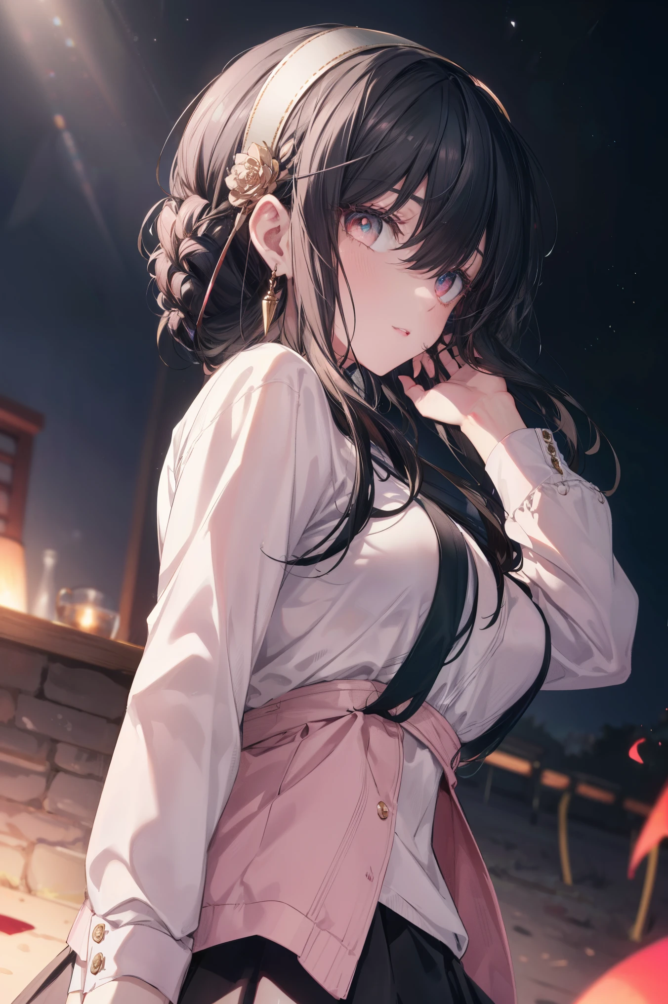 score_8_up, score_7_up, source_anime,Ajof, side locks, golden hairband, hair adornments, (Red eyes:1.2), gold earring, Large breasts,((black hair:1.5)),
BREAK (Pink_white_short skirt,Pink_white_shirt:1.2),
BREAK Cowboy shot, standing, Field, From the side Side,
BREAK night sky,
BREAK (masterpiece:1.2), best quality, high resolution, unity 8k wallpaper, (illustration:0.8), (beautiful detailed eyes:1.6), extremely detailed face, perfect lighting, extremely detailed CG, (perfect hands, perfect anatomy),