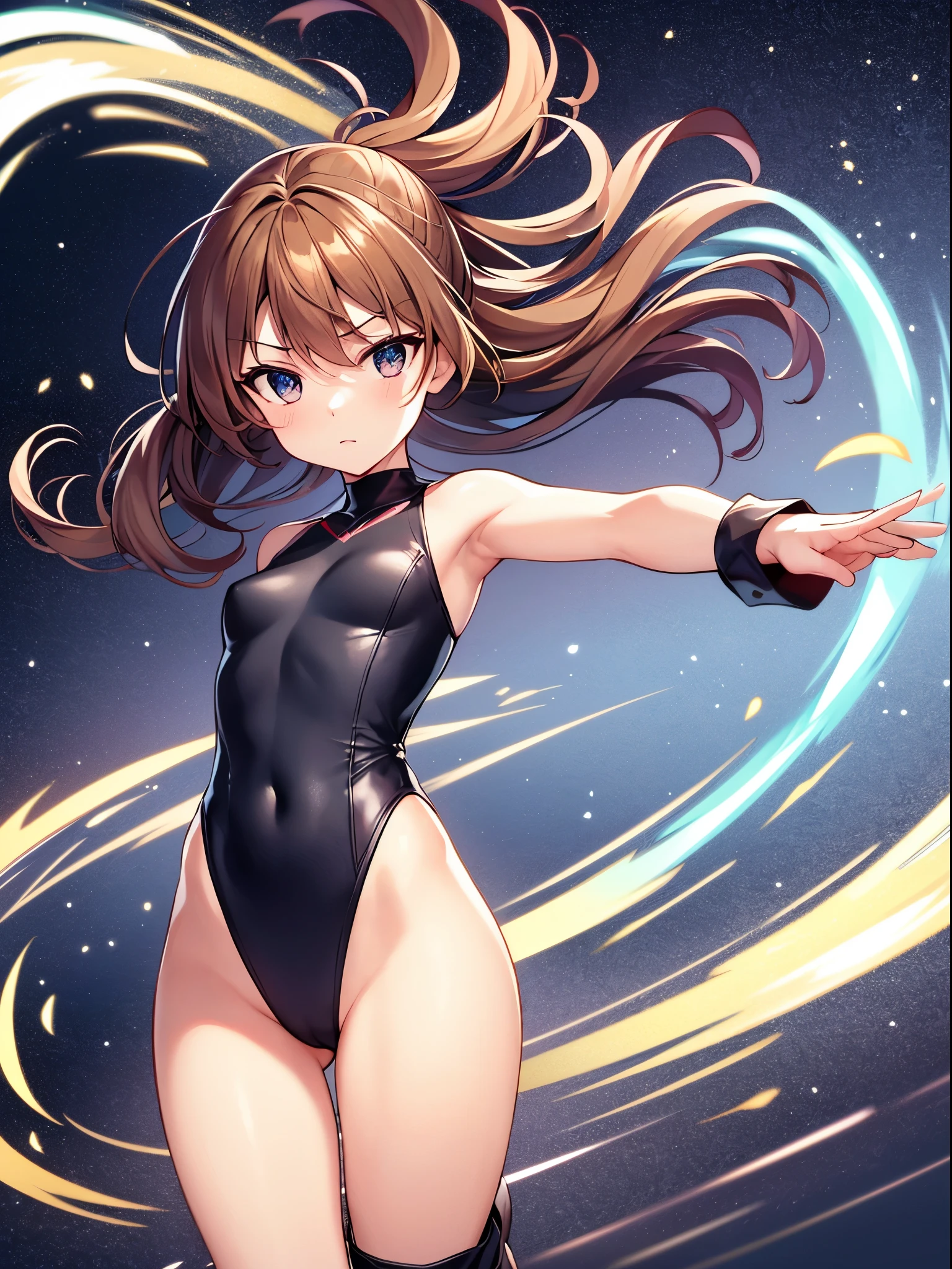 masterpiece, best quality, 1girl, superhero, gymnast_outfit leotard, bare legs, knee boots, matching boots, heroic, standing, body infused with energy, light particles, solo, single, cowboy shot, perfect anatomy, brown hair, beautiful detailed eyes, spread arms, spinning, spins fast in place like a tornado, twirling in place, tornado spinning, rapid gyration, space backdrop, motion blur, speed lines, tornado, whirlwind, cyclone, energy circling her body, emphasis lines
