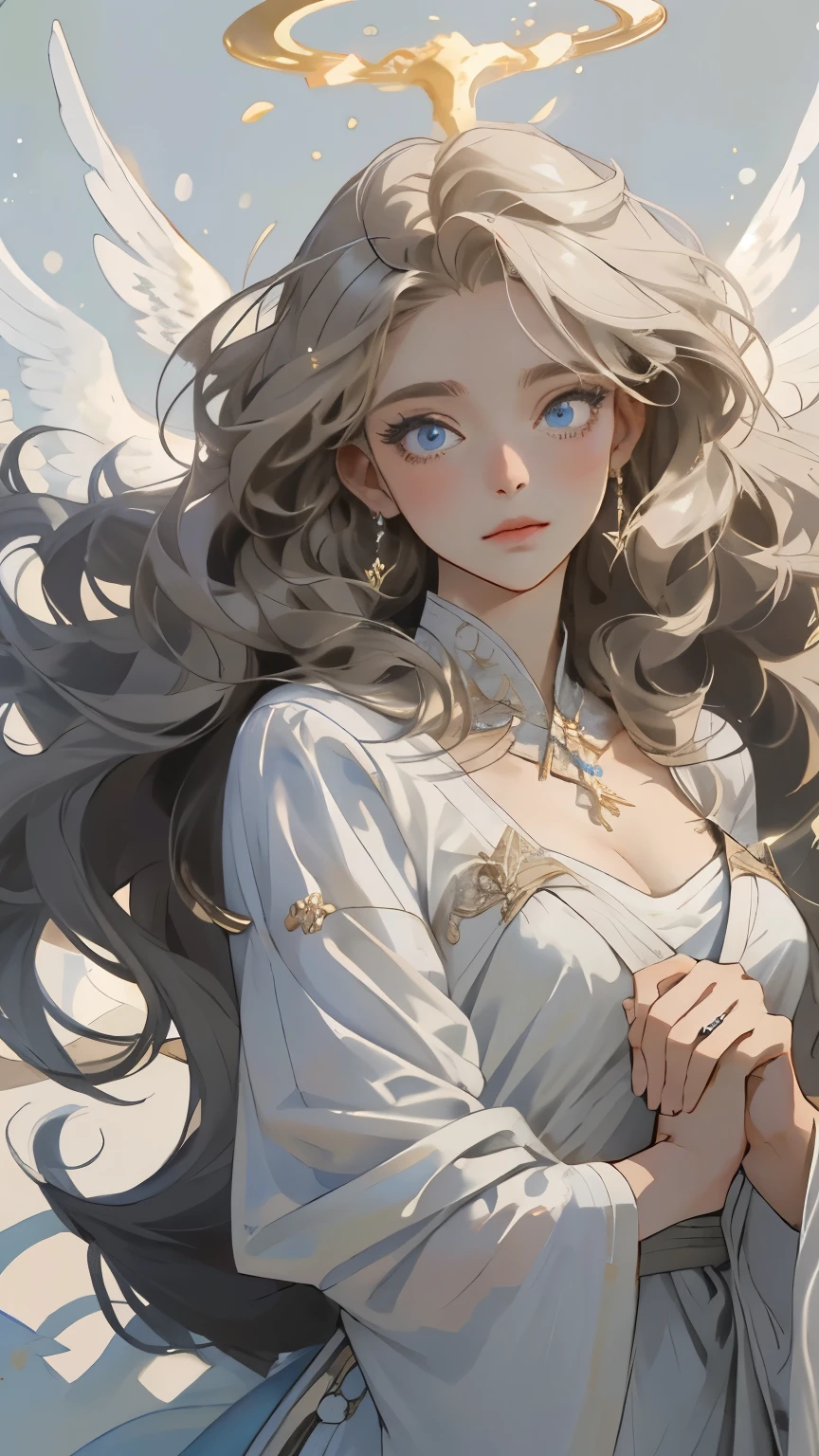 illustration，beautiful woman，hot，Raised sexy，Long curly hair，Perfect body，wear white dress，Highlight your figure，v collar，Wear silver earrings and necklace，beautiful female breasts beautiful，face clearing charm: dark background, A beam of light fell from the sky, magical wind, A young horn boy Raphael，There are six white angel wings and a shining halo made of stardust, Holding the sword of life, Fly calmly into the air, Long light blonde shiny straight hair, Skin as white as snow, Lake blue eyes, light eyebrows, Exquisite and beautiful face, divine light, Wearing a shiny white angel robe, in the morning mist, palace, fantasy, Find the view, bright, clean background trend, Rich details, high quality