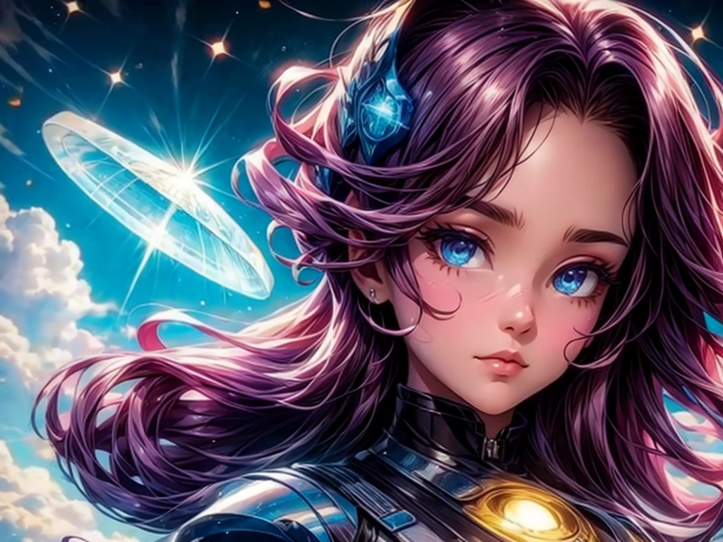 A girl looking up at a UFO that shines in seven colors、