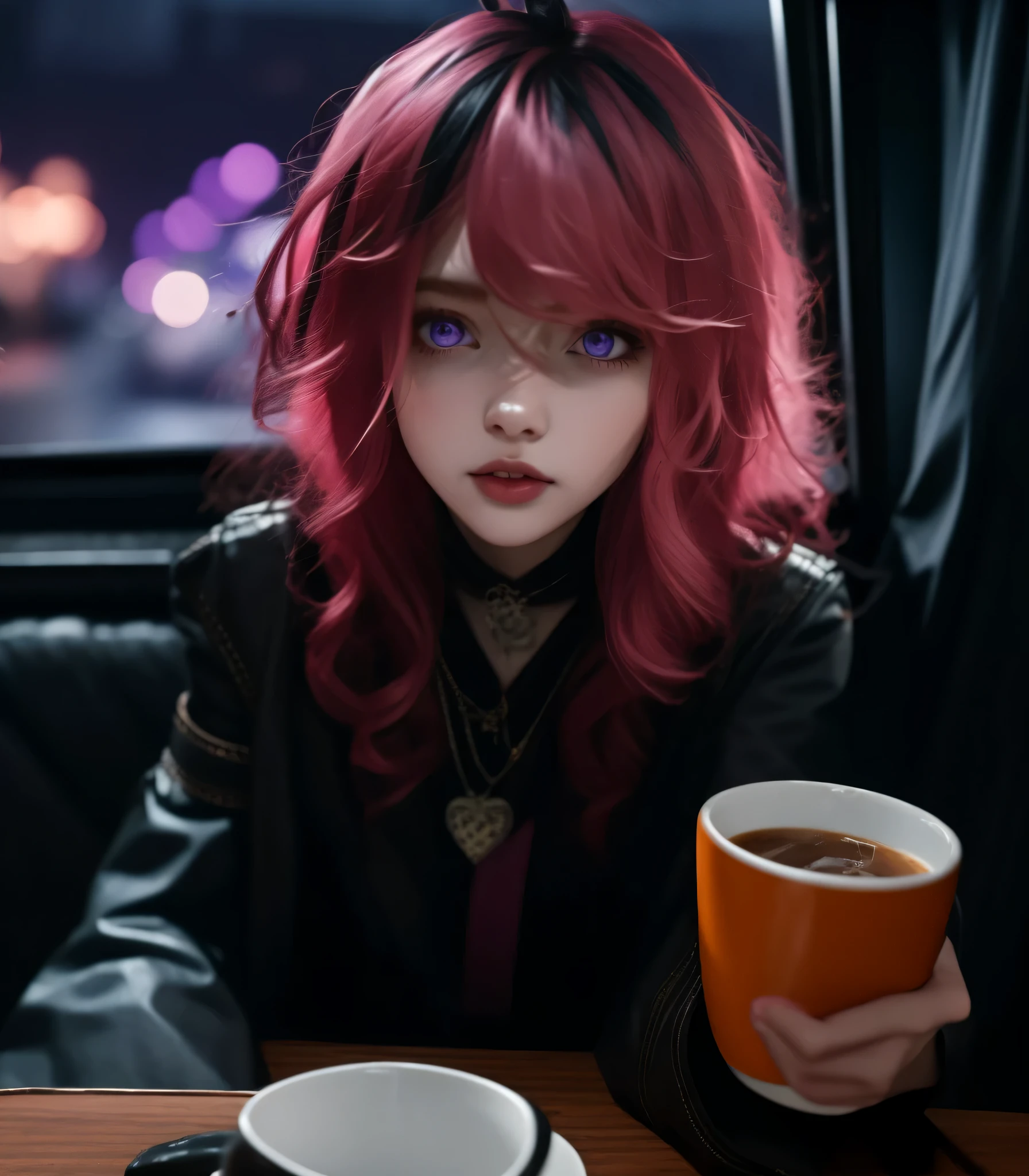 Keera, 1girl, pink hair, hair spread out, hair between eyes, very long hair, bowtie, parted lips, pointy ear, purple eyes, sleeves past wrists, black sleeves, black shorts, belt, detached sleeves, ahoge, heart necklace, navel, looking at viewer, (pov dating), coffe mug, window, night, steam,:o