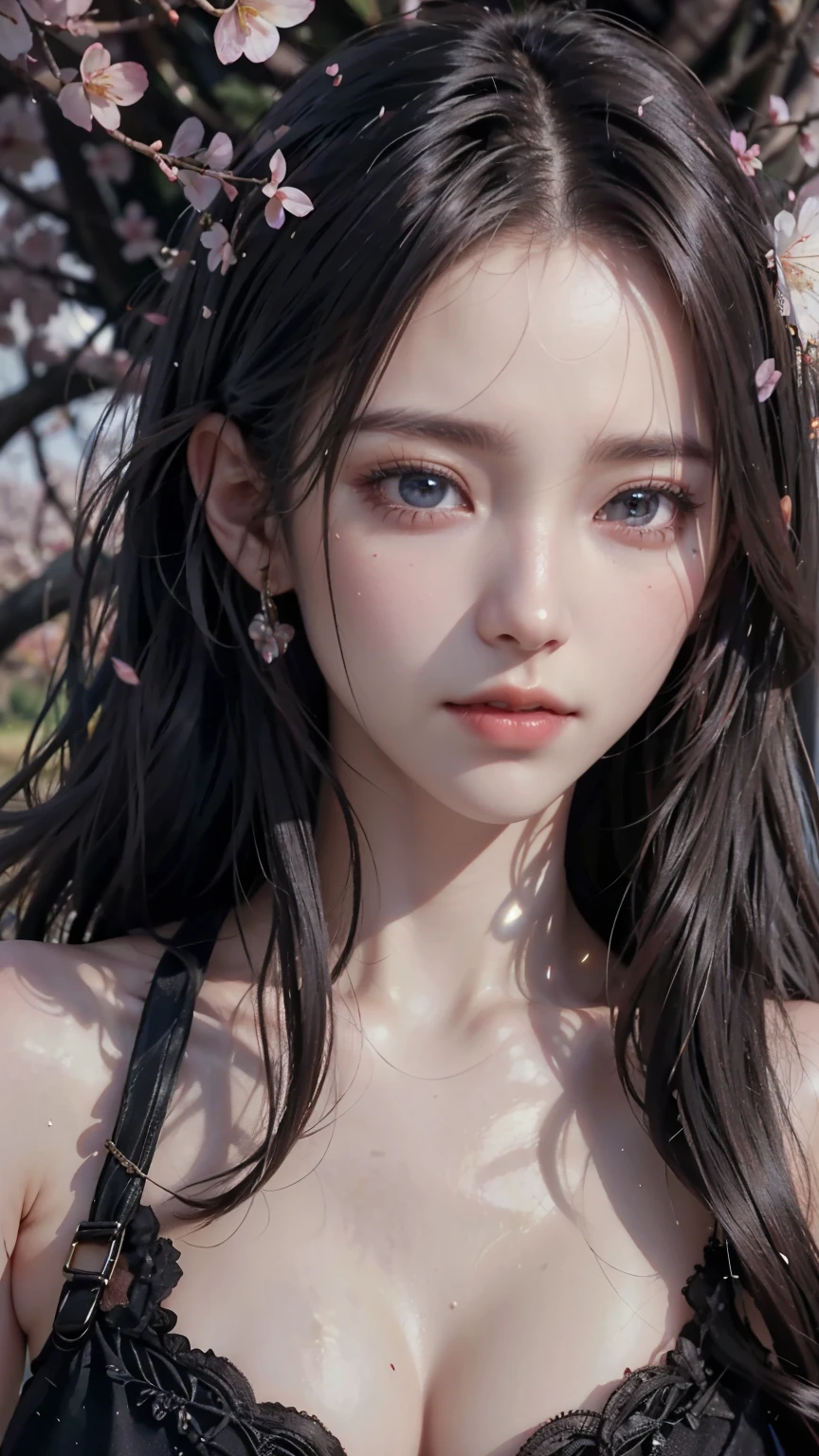 (Logo, Masterpiece, 8k, Tabletop, RAW Photo, Amazing, Top Quality, Photorealistic and Highly Detailed CG Integrated 8k Wallpaper, High Quality, Highly Detailed, Narrative Poetry, Particle Effects, Dynamic Effects, Character Boundary Depth, (cinematic lights, lens flares, ray tracing), fantasy, (single beautiful woman, dress, one piece, black hair, beautiful face, real face, beautiful eyes in detail, beautiful skin, long hair fluttering in the wind, long hair bouncing , long hair dancing in the wind), (cherry blossoms, cherry tree, cherry blossom petals dancing, cherry blossom blizzard, falling petals), wind blowing hair, hair flying, pink cherry blossoms, petals dancing, cherry blossom blizzard, wonderful scenery, sunrise , background sun, wind, gods, teeth, divine story, vast land