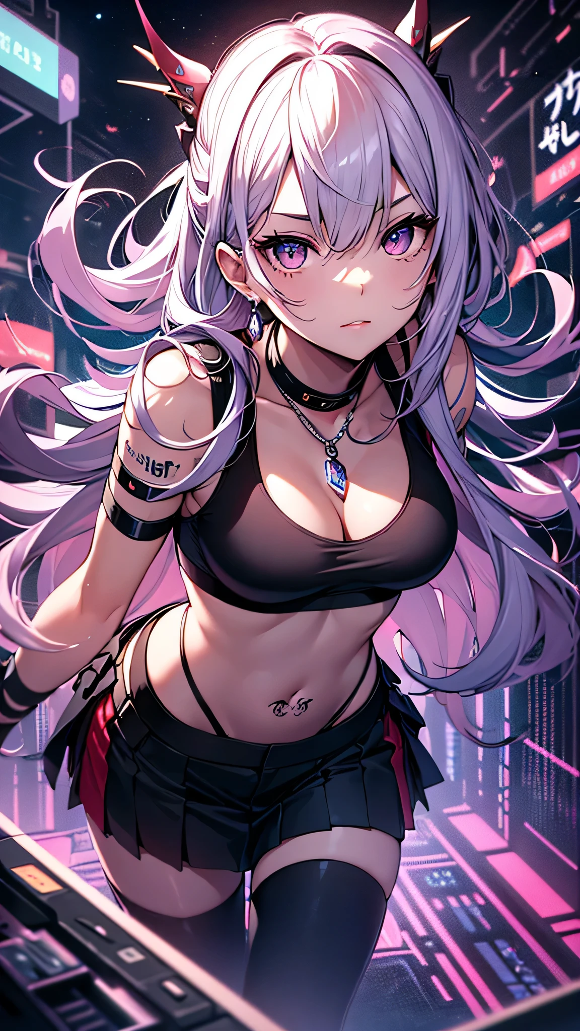最high quality、best image quality、masterpiece、girl((20-year-old、 By becoming、vest bust、medium bust,wide open breast tea、shining eyes, silver hair、long hair、thin,highest valley、black sports bra、black sports pants、black short skirt、shoulder tattoo,diamond earrings、Wristband、black jacket、necklace、forward leaning movement、move violently)),high quality、beautiful art、background((Virtual space、neon lighting、neon light、Live feeling))、Flight、debris flies、Depth of written boundary、movie、visual art、perfect art、8K,genuine、Dynamic Performance