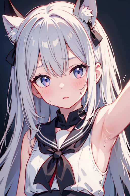One Girl、European girl、((ta))、Short、Watching the audience、The ultimate beautiful girl、Detailed face、Ultimate image quality、Best lighting、Gray Hair、long Gray Hair、blue eyes、Long eyelashes、Thick eyelashes、smile、Sweaty、Uniform without sleeves、Elementary 、Sweating profusely、Red cheeks、Bedroom、3rd grade elementary school、Small breasts、8K quality、Sweaty、Sweating profusely、Red cheeks、Full Body Shot、Thin limbs、 ((steaming body)), (Sweaty)、(show off pussy), bottomless, lie on bed, ((((((cum on armpits))))))
