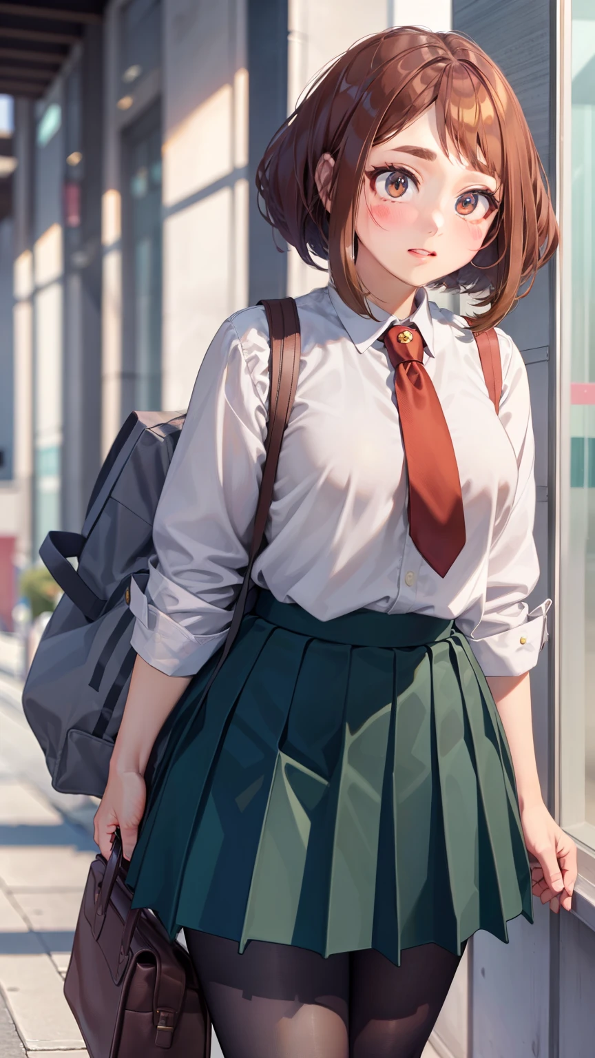 Ochaco is a short girl with a curvaceous figure, Fair skin, reddish-brown hair with eyes that match the color,. super he has a permanent pink blush on her cheeks, and彼女の目は大きくて丸く、Thick upper eyelashes, Two more lines on each side that stand out.、and少数ですがより個別に目立つ下まつげ. Her hair is shoulder-length、Narrow waist、Bangs are short, and、Style is bobbed with two long strands surrounding her face. She is small, thick pads on the fingertips, resembling figures on the paws of animals,; She uses these when activating and deactivating Quirk.In school, She wears a regular U.be. Schoolgirls Uniform. Topped with a grey dress jacket, Two teal stripes, Two creased pockets, and two golden buttons. Under, She wears a white dress shirt, small red tie, golden button, andティールプリーツスカート. she also、Instead of the usual knee-high socks worn by most other schoolgirls、Wearing brown dress shoes and black leggings.