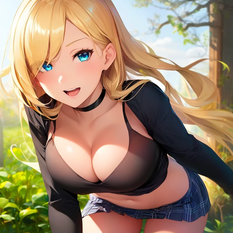 ((masterpiece, best quality, highres, UHD, perfect pixel, depth of field, 4k, RTX, HDR)), 1girl, single, solo, beautiful anime girl, beautiful artstyle, anime character, ((long hair, parted bangs, brown hair with blonde highlights)), (blue:1.4, rounded eyes, beautiful eyelashes, realistic eyes), (detailed face, blushing:1.2), (smooth texture:0.75, realistic texture:0.65, photorealistic:1.2, anime CG style), medium breasts, (dynamic angle, dynamic pose:1.4, looking to viewer), black panties, perfect body, busty, ((long sleeve shirt, with neckline, black bra, choker, plaid miniskirt,)), smile, open mouth, leaning forward, school