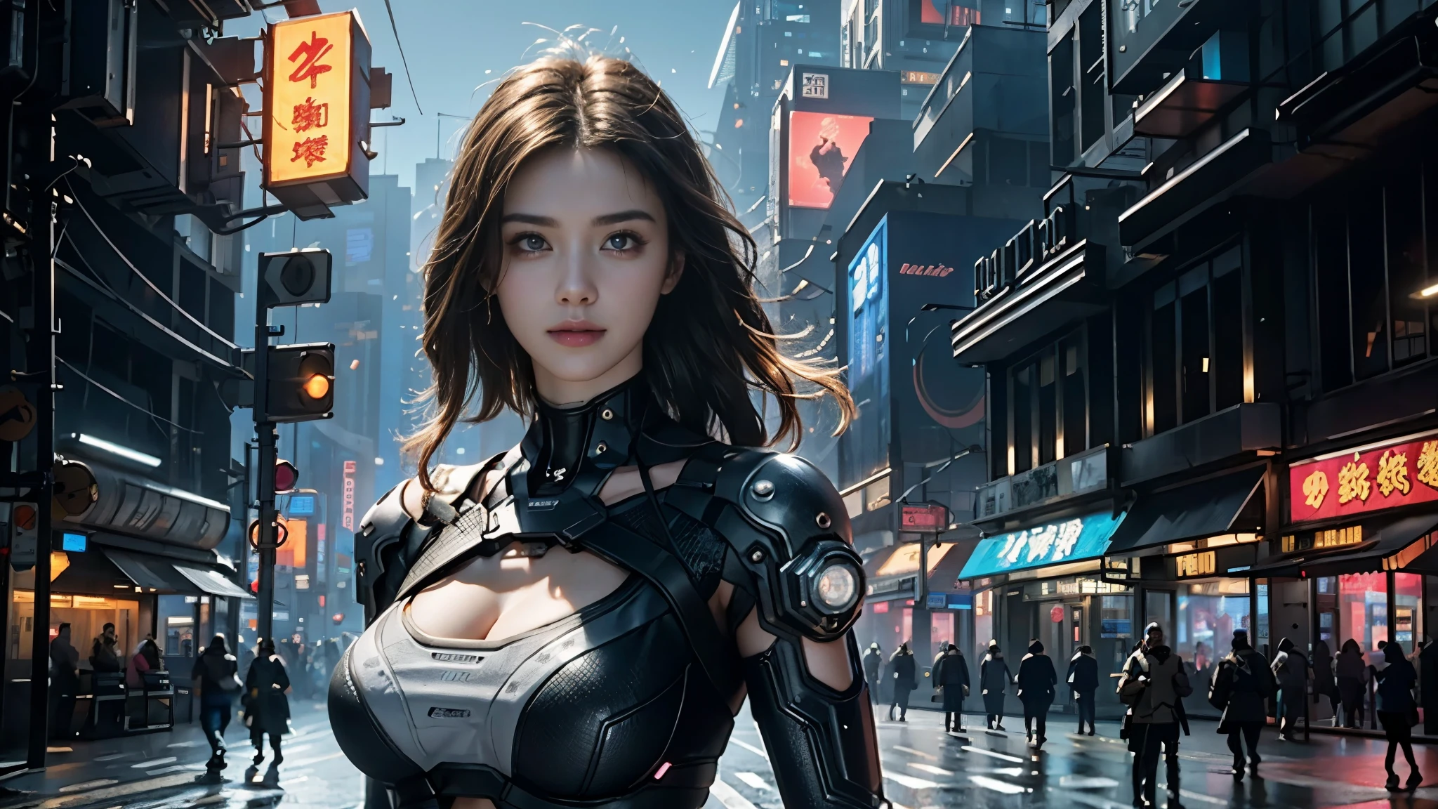 masterpiece,best quality,high resolution,8k,(Portrait Photos:1.5),(R Original Photo),real picture,Digital Photography,(A fusion of cyberpunk and fantasy),20 year old girl,Feel free to hairstyle，Purple Eyes，By Bangs,(Medium breasts, Accessories,shut your mouth,Elegant and charming,Serious and arrogant,Calm and handsome,Combination of cyberpunk and fantasy style clothing,Hollow carving design,Large Breasts，Combined Armor,Photo poses,Realistic style,oc render reflection texture，sentry，Cyberpunk style future city，night，Bustling streets，Medium distance photography