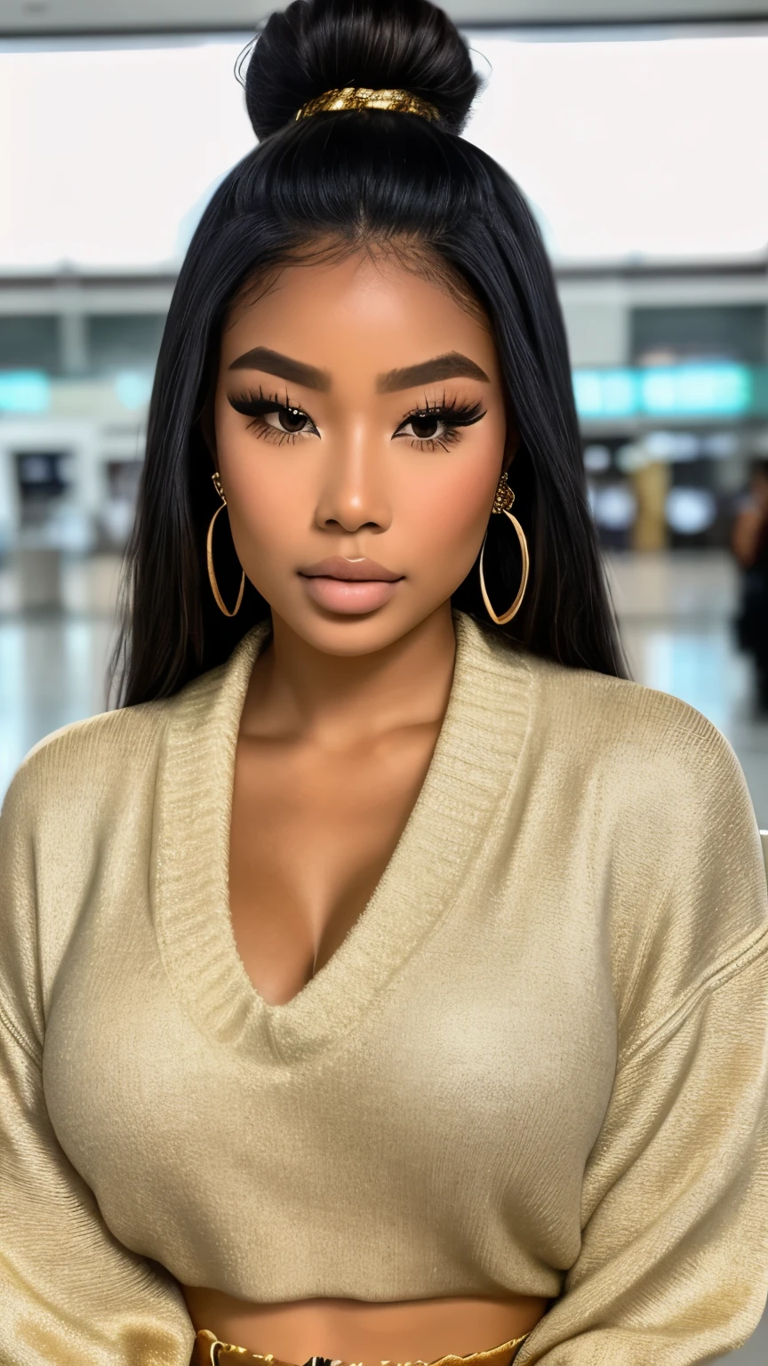 (best quality)), ((masterpiece)), (detailed), perfect face Blasian Woman ultra realistic beautiful girl thick lips ripped jeans gold earring thick eyelashes sad face at the airport wearing a sweater and sweatpants waiting for the plane to arrive