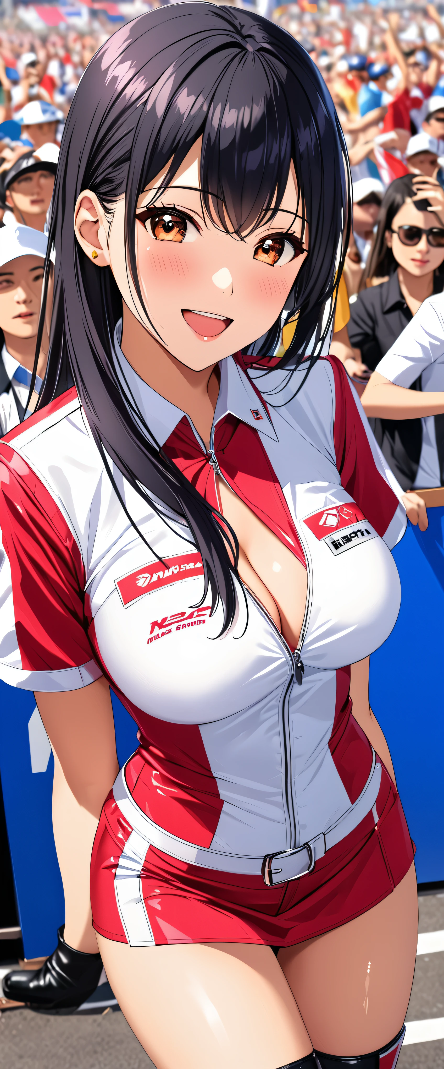 1 female,black hair,25 years old,(((Shiny race queen uniform with exposed navel)))(((blush、open mouth smile)),(((straight hair))),(((portrait))),crowd,,(wet with sweat)(leather thigh high boots)(((beautiful breasts)))