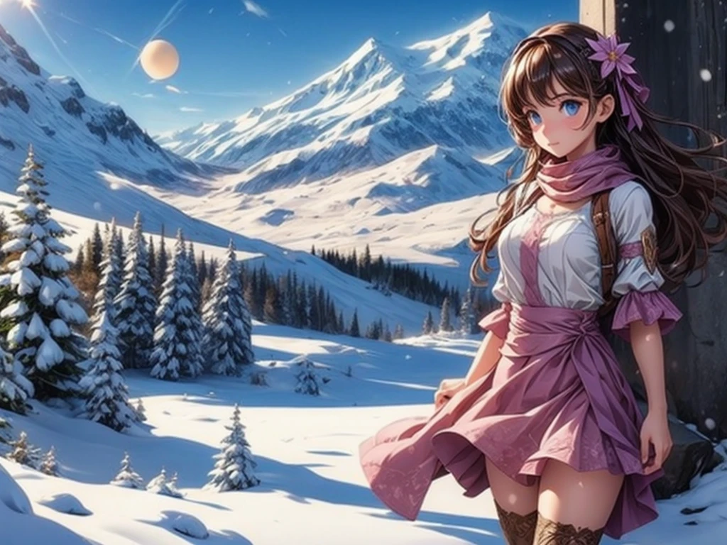 （（（UFO shining in seven colors））））Girl looking up、snow scene、Mountain、lake