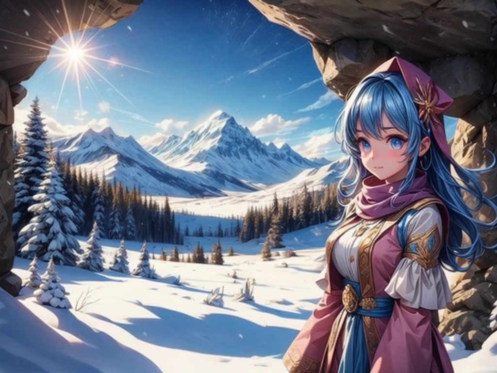 (((UFO shining in seven colors))))Girl looking up、snow scene、Mountain、lake