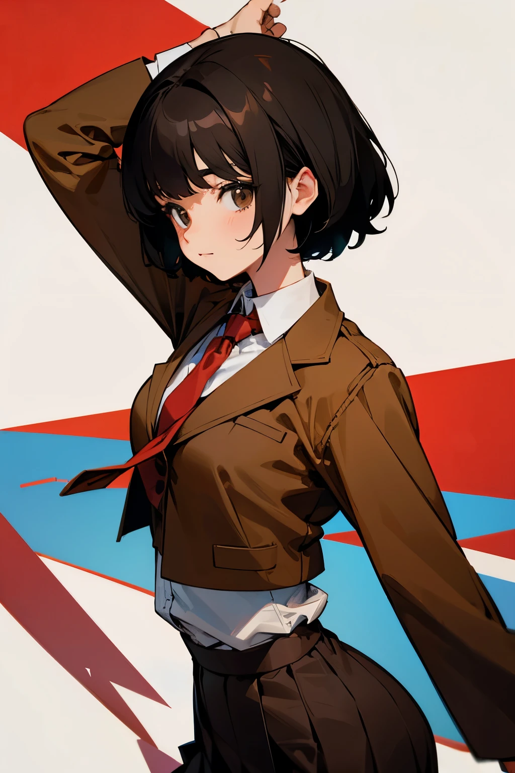 woman, short black hair, wearing a brown office jacket, red tie, brown office skirt, looking at files, no background, standing straight,