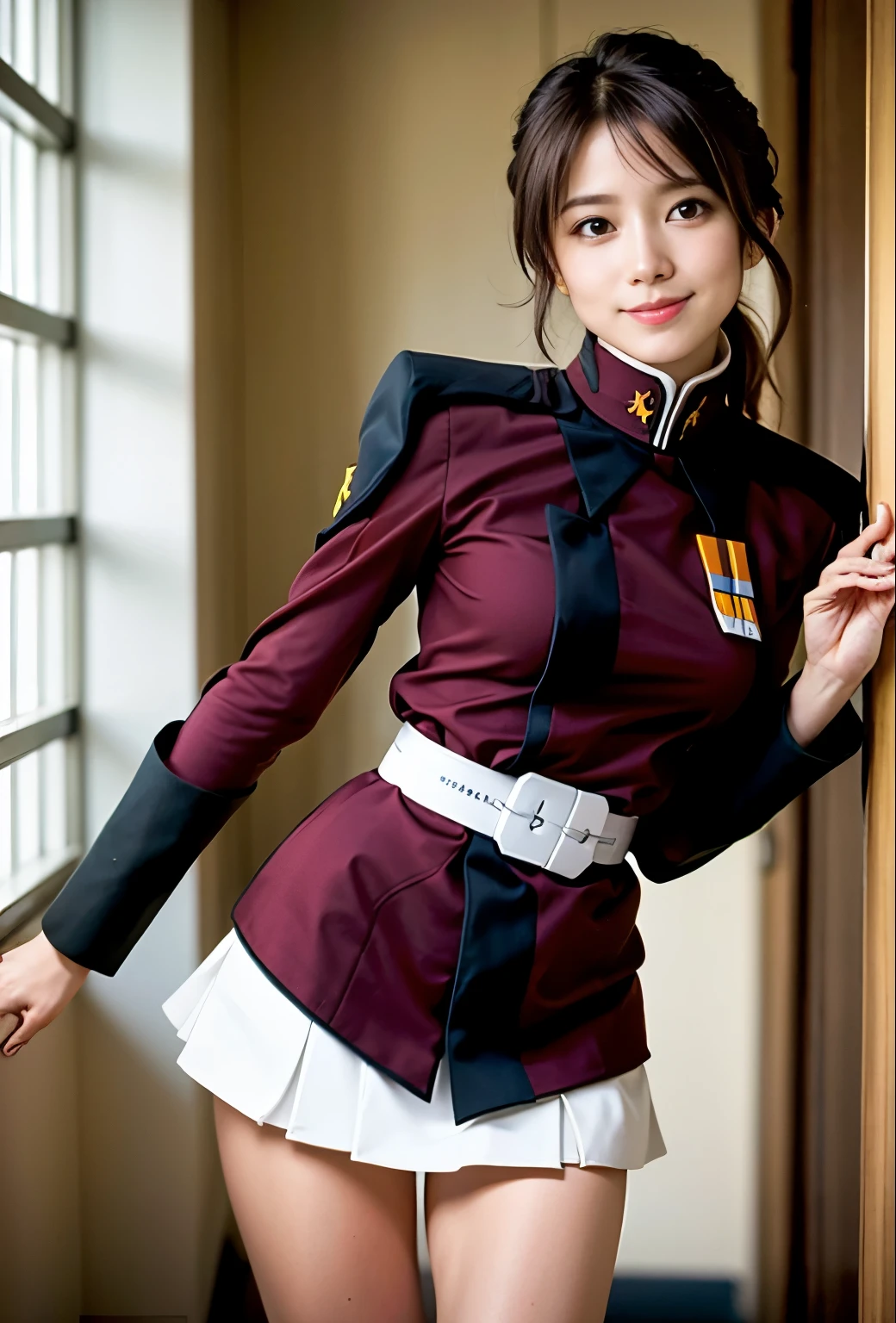 real photos、best image quality、real image、best smile、（white panties:1,4）、federal army uniform miniskirt、Yuko Sugai、japanese woman, ************、ponytail、Satomi Ishihara、pretty girl、white pantiesーが丸見え、（white pantiesー:1.3）、super mini skirt、beautiful thighs、white pantiesー、ミニスカートがめくれてwhite pantiesーが見えてる