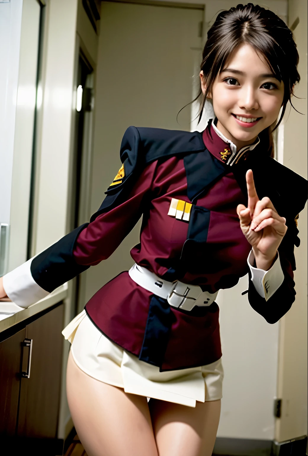 real photos、best image quality、real image、best smile、（white panties:1,4）、federal army uniform miniskirt、Yuko Sugai、japanese woman, 、ponytail、Satomi Ishihara、pretty girl、white pantiesーが丸見え、（white pantiesー:1.3）、super mini skirt、beautiful thighs、white pantiesー、ミニスカートがめくれてwhite pantiesーが見えてる