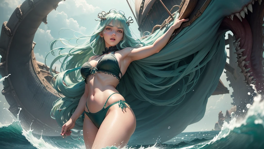 (best quality,ultra-detailed,realistic),portraits,medium:oil painting,(HDR,studio lighting),vivid colors,sharp focus,physically-based rendering,(A lovely siren),beautiful detailed eyes,beautiful detailed lips,extremely detailed eyes and face,long eyelashes,(light green skin),(aquamarine eyes),blue-green color tones on the face,(coke bottle figure),(blessed proportions),(sea foam green hair ankle length),flowing hair,(dressed in tatters),tattered clothing flowing in the wind,(age 20),serene expression,graceful pose,emerging from the ocean,sparkling water droplets on skin and hair,faint shimmering scales on the legs,gentle waves in the background,strands of seaweed entwined in the hair, she is singing standing atop the head of a (subject:2 horrible giant monster (many eyes, many tentacles, huge maw full of jagged teeth)), (subject 3: A sailing ship in the distance approaches the siren and its doom)