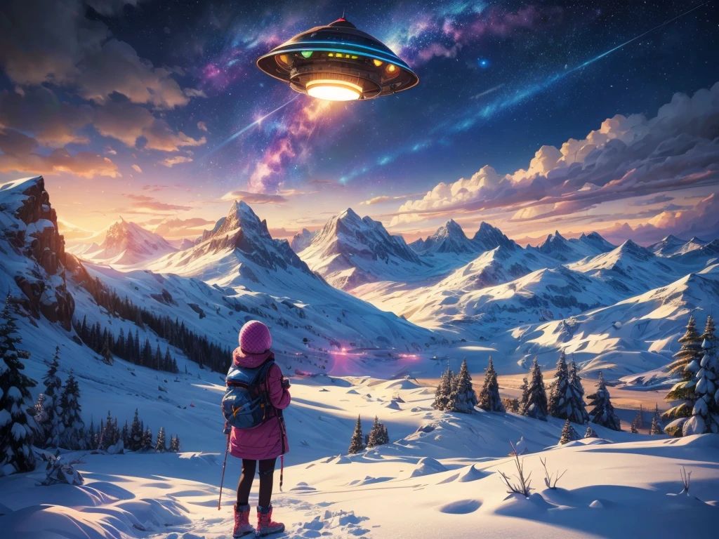A girl looking up at a multicolored glowing UFO, snowy landscape, mountains, lake