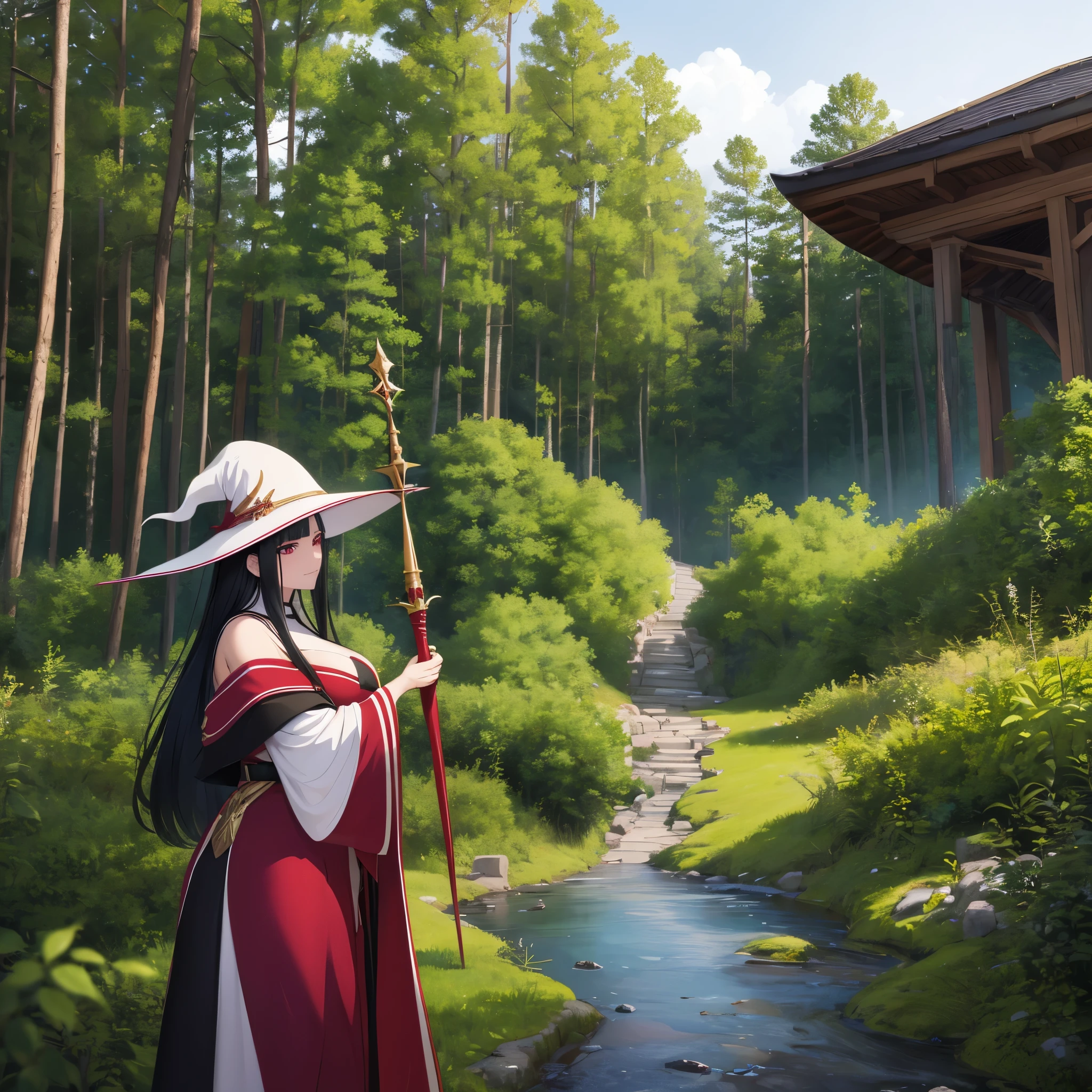 a woman in a white sorceress dress with red and black details, wearing a white sorceress hat with gold details, holding a wizard's staff, burgundy eyes, long black hair, in a forest with a house in the background, masterpiece, ultra resolution, well detailed, 2k HD, 16:9