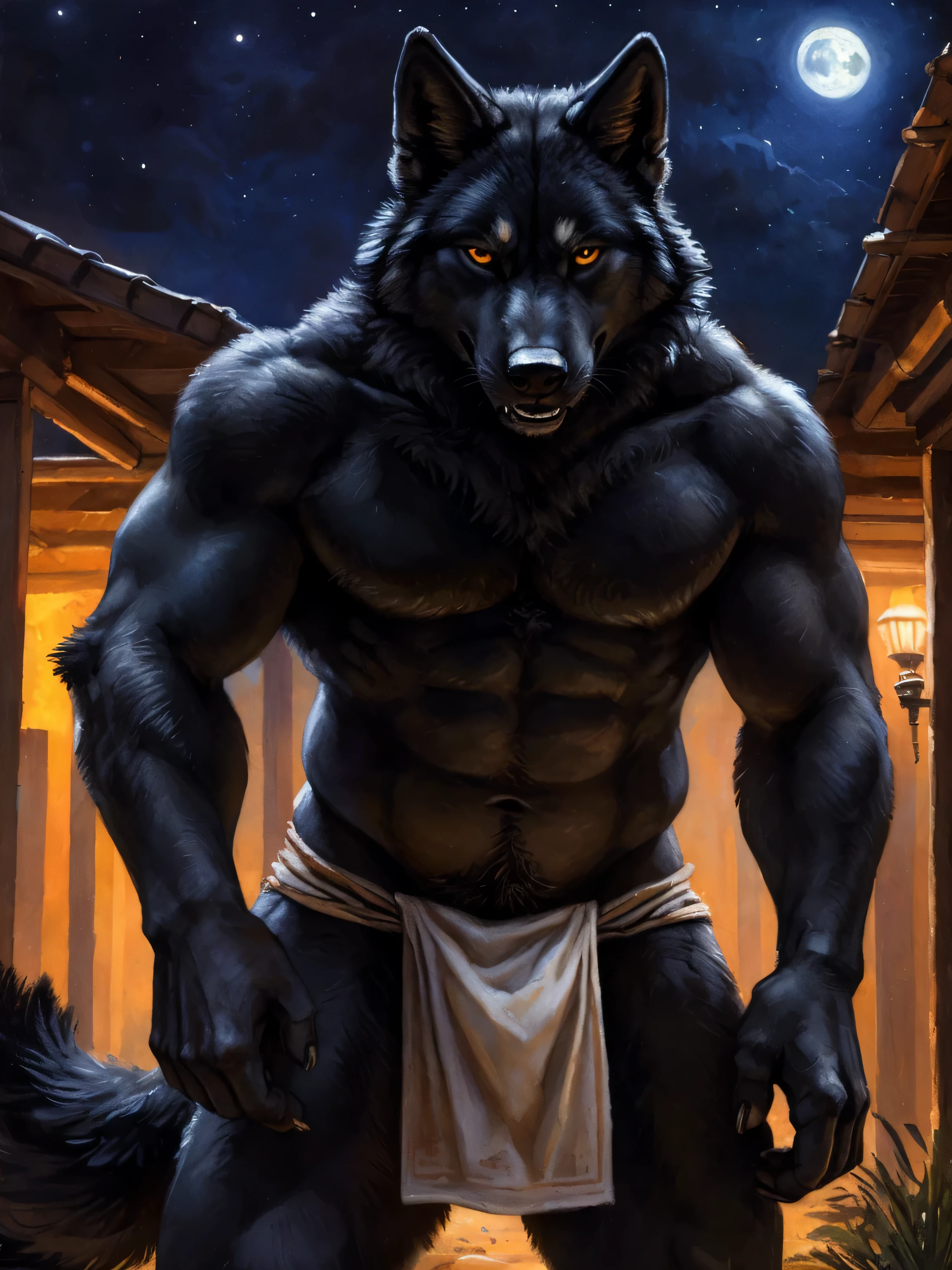 symmetrical eyes, dark retinas, ((wide eyes, staring intensely at camera)), ((solo)), male, anthro (black wolf), (mean expression), wolf tail, (sheath, (balls)), ((black fur, thick fur)), (muscular, beefy), by blotch, by kenket, (epic, masterpiece, high quality, 8k, perfect hands, correct anatomy:1.2), ((threatening pose)), ((mature male)), sexy, ((Nighttime, detailed background)), loincloth,