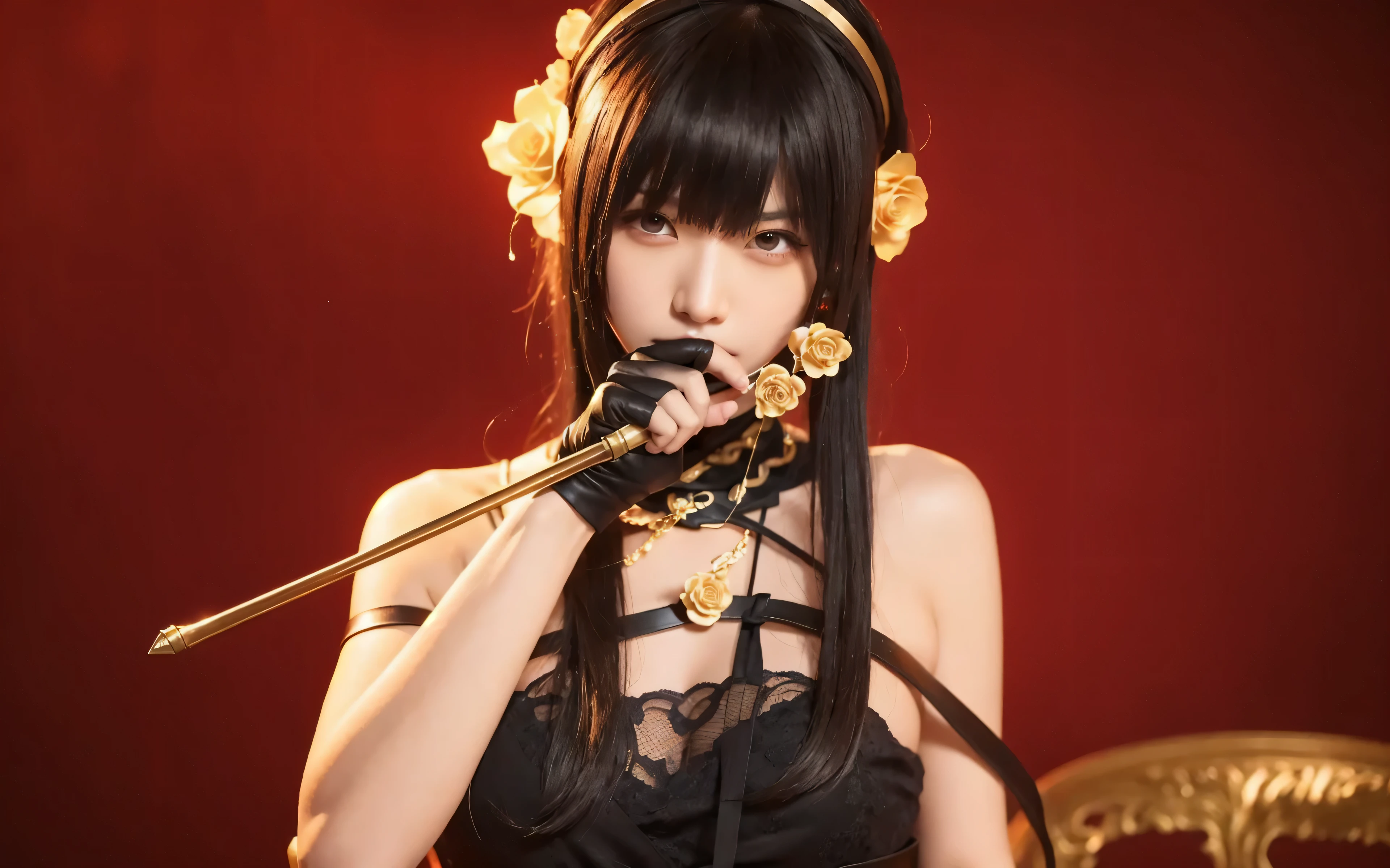 best image quality,There is a woman holding a cane-like weapon in her right hand.., left hand goes down,cosplay, real girl, Japanese,Beautiful woman,cosplay,photograph,8K, skin texture,black hair,Spy x Family,Yol Forger,Black combat uniform,shoulder exposure,sexy,golden rose headband