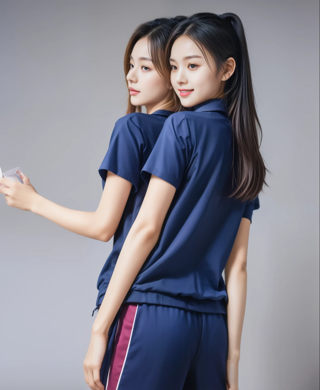(best quality,10,10,height,Masterpiece:1.2),Special details,(realistic,ภาพrealistic,Realistic photos:1.37),1 Cute girl in the kitchen,shiny, ผิวshiny,only,smile softly,BDclothelue shirt:1.3)),short sleeve,shirt, กางเกงขาlong.,(navy_long_track pants:1.1), ((Kitchen Background)),Dynamic angle,excited,Face focus,dynamic poses,from behind,focus on ,Masterpiece, best quality, ultra realistic, Too many details, 8k resolution, raw photos, Sharp focus, ((Navy blue shirt:1.1)), short sleeve, เส้นทางlong, perfect body, 2 matmen, 18 years old, Cinema-grade lighting system,blue sweatpants,shirtผ้าออกกำลังกาย,correct anatomy,perfect body, correct body, Sharp face, correct bodyทางกายวิภาค, full body, realistic gestures, long-haired, realistic poses,Wear long shorts...........................,ช่วงขาlong,Good shape,carved girl, Slender figure, model, Good shape, beautiful body,blue sweatpants, two girls kissing