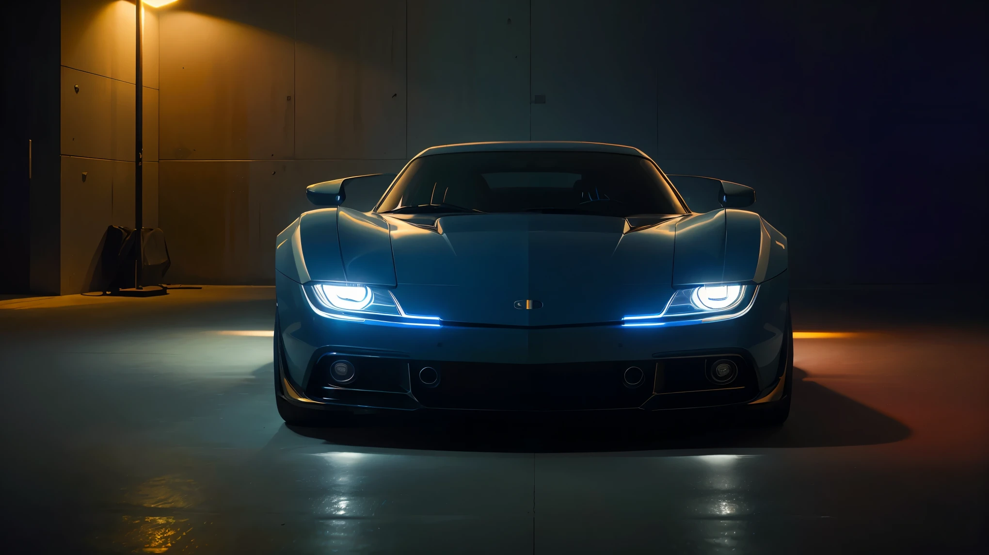(highest quality、High resolution、Super detailed:1.2)、sharp focus、dramatic lighting、sports car headlights、high beam、light up、intense beam、sophisticated design、strong brightness、Glossy finish、futuristic style、Bright colors